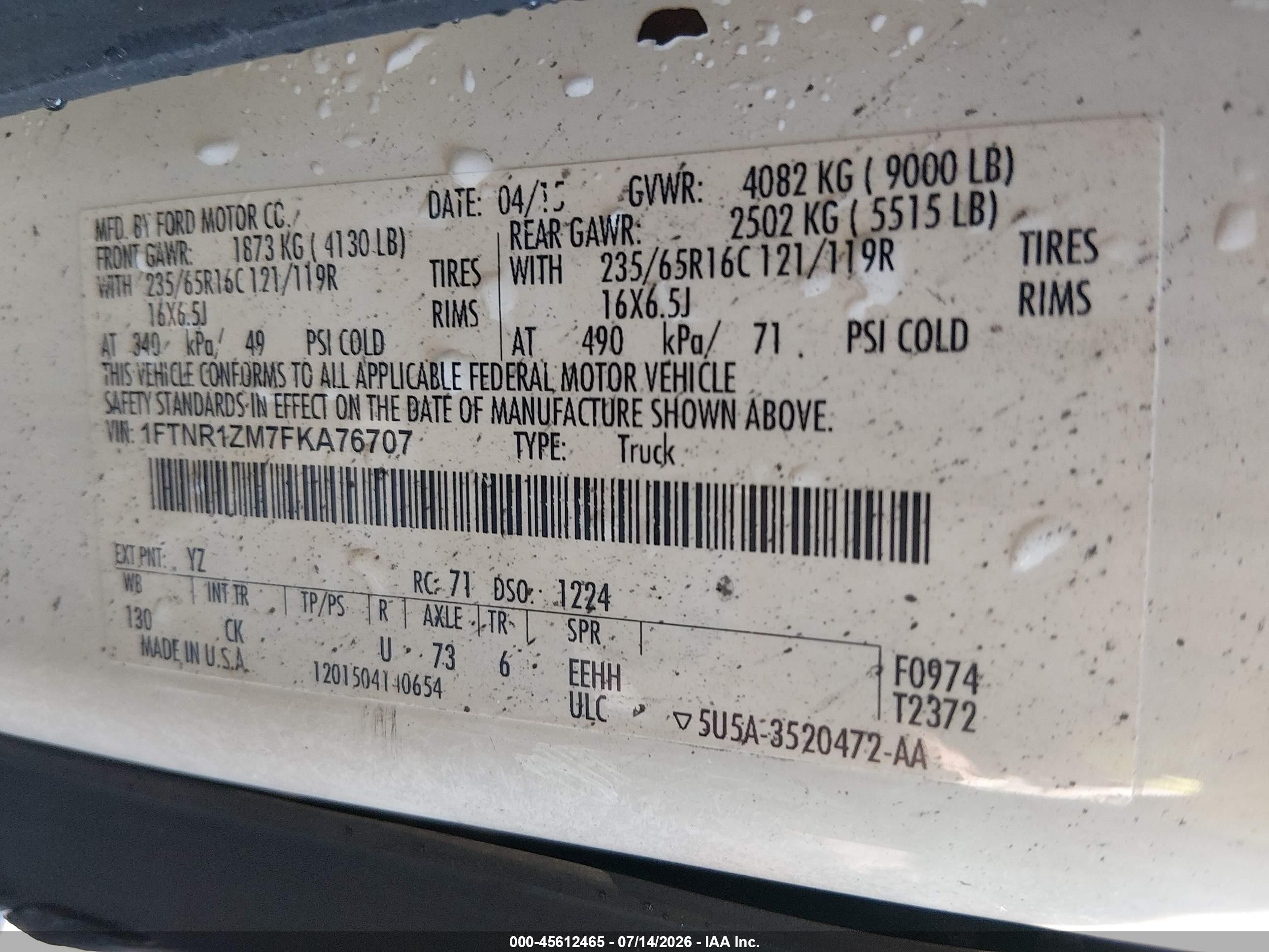 2015 Ford Transit-250   White vin: 1FTNR1ZM7FKA76707