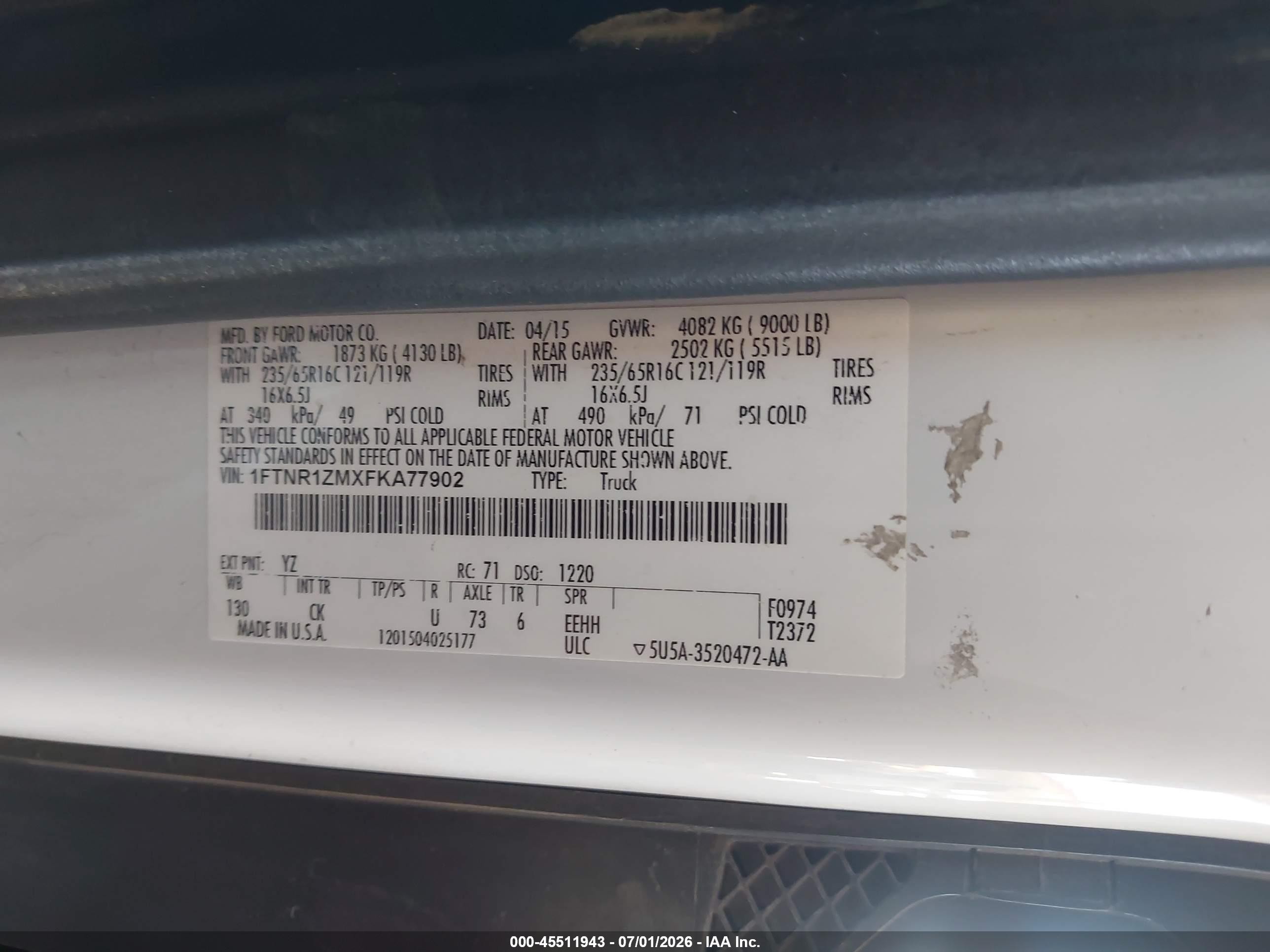2015 Ford Transit-250   White vin: 1FTNR1ZMXFKA77902