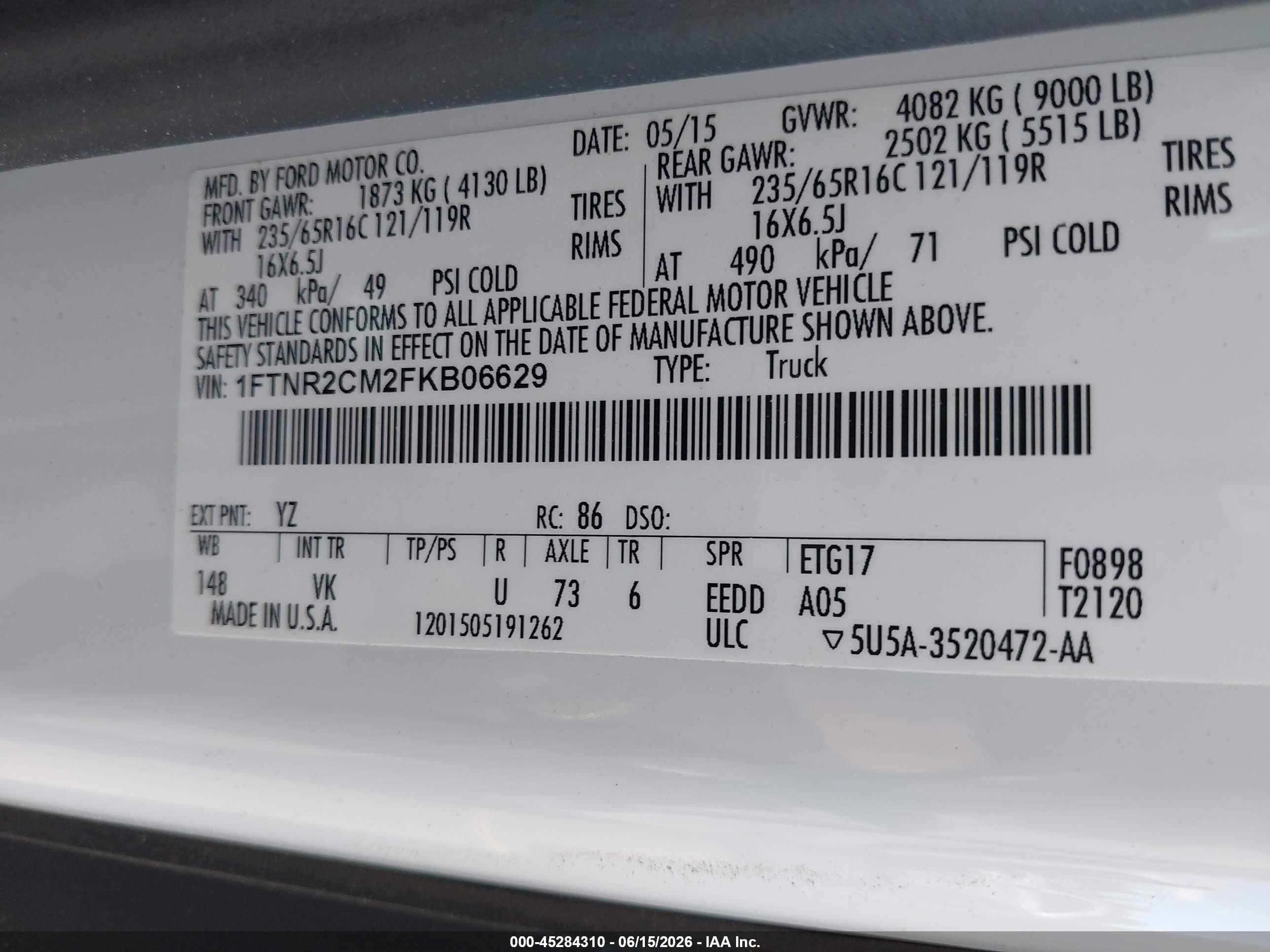 2015 Ford Transit-250   White vin: 1FTNR2CM2FKB06629