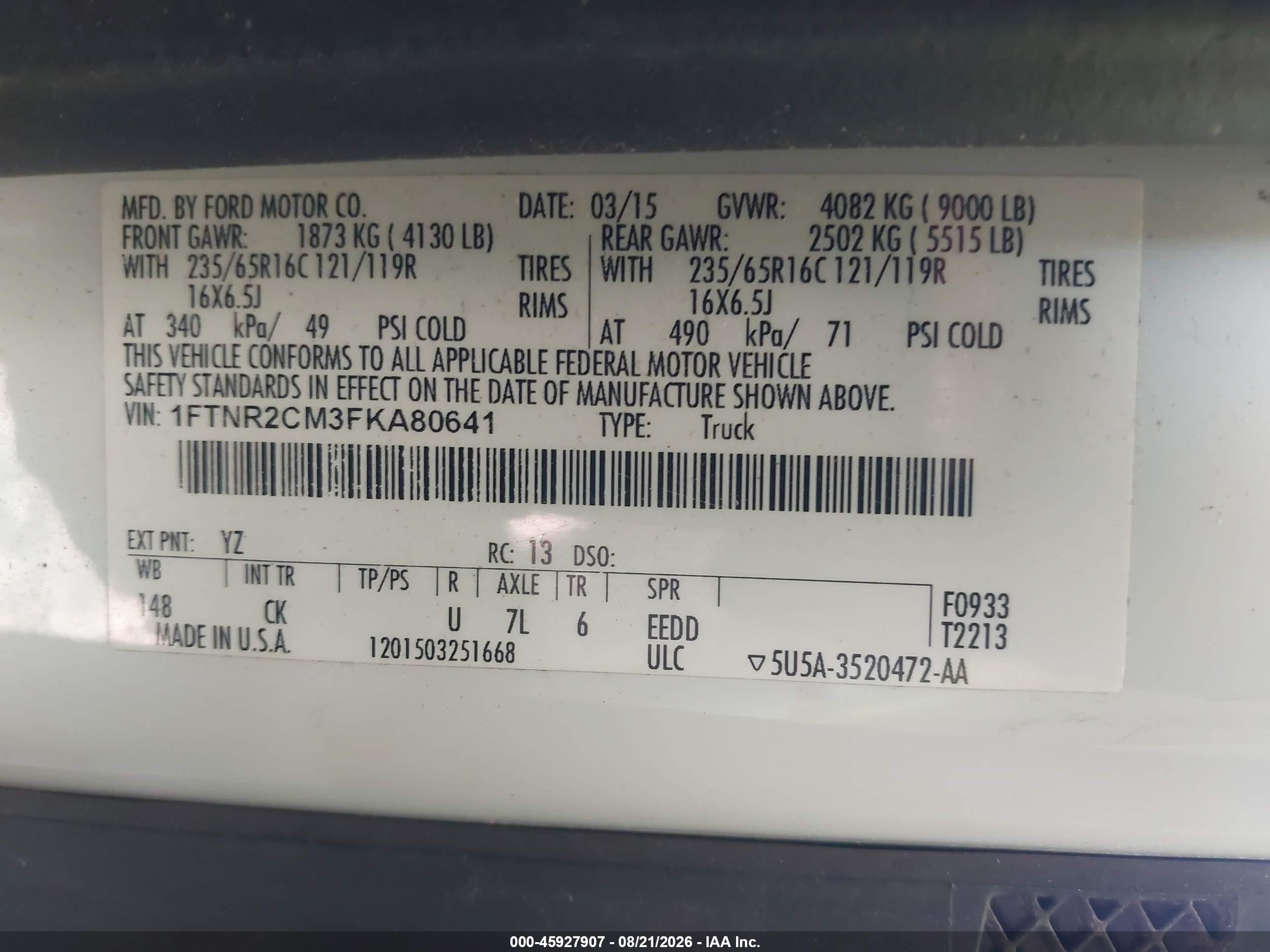 2015 Ford Transit-250   White vin: 1FTNR2CM3FKA80641
