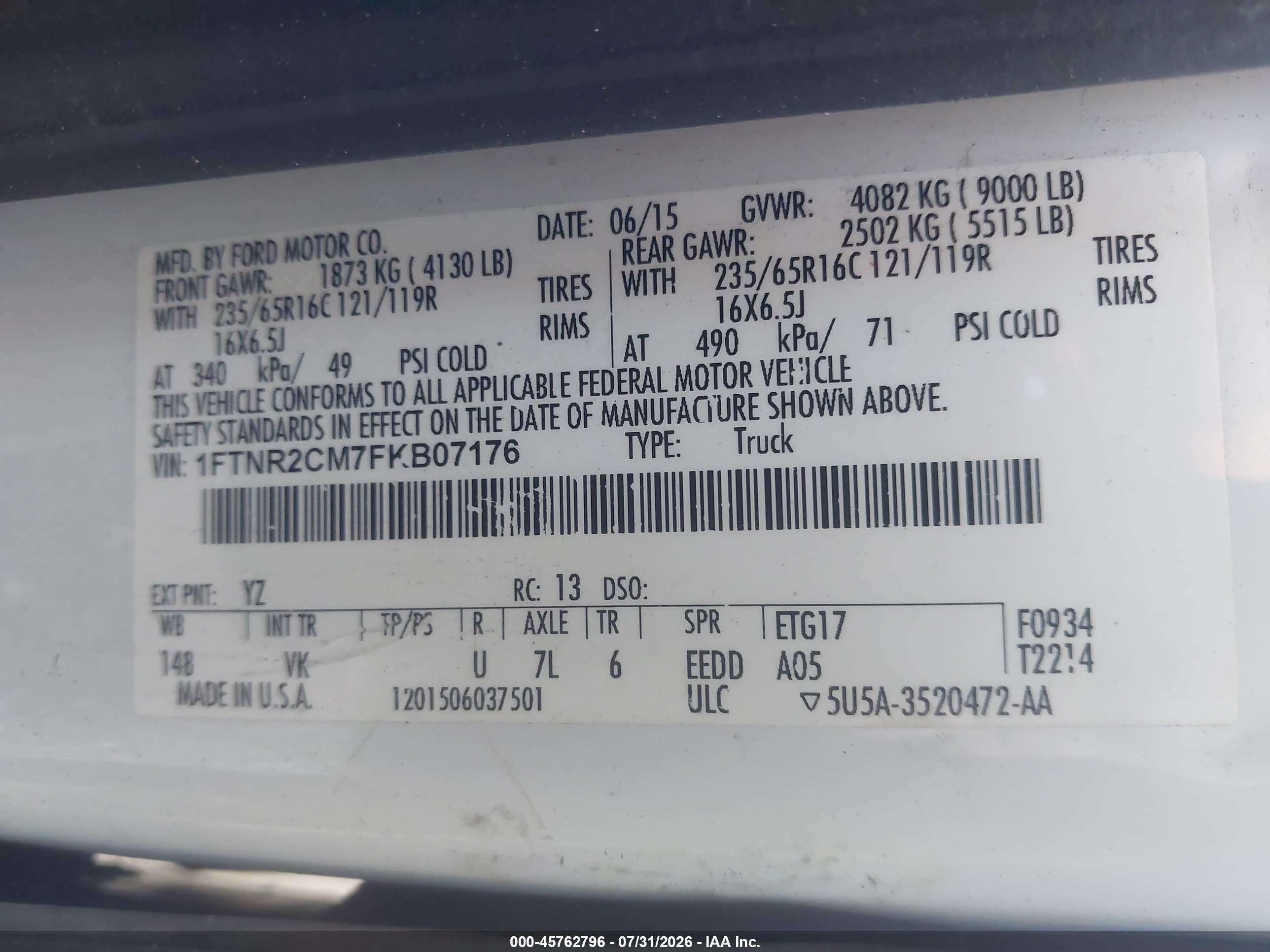 2015 Ford Transit-250   White vin: 1FTNR2CM7FKB07176