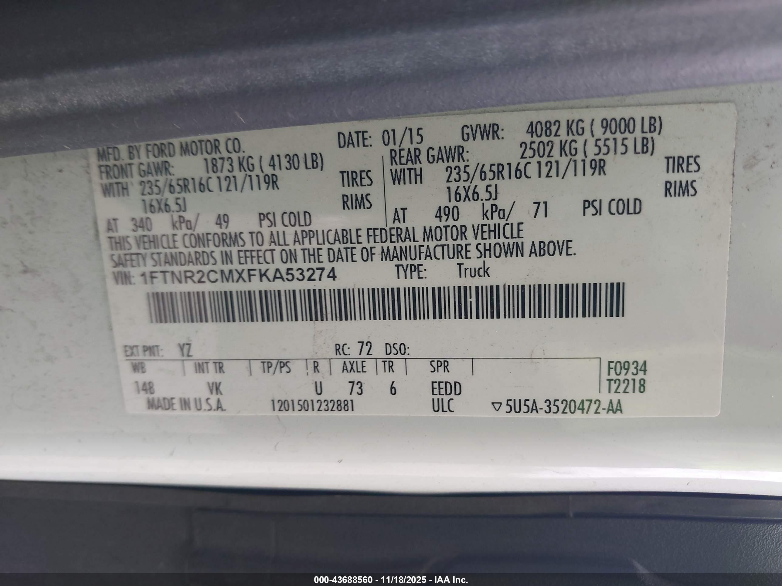 2015 Ford Transit-250   White vin: 1FTNR2CMXFKA53274