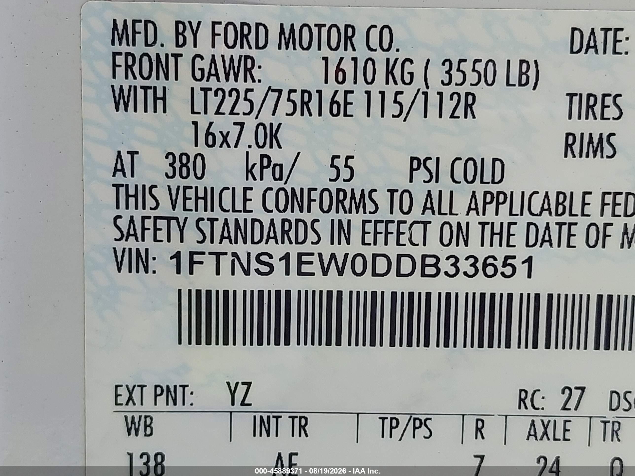 2013 Ford E-150 Commercial White vin: 1FTNS1EW0DDB33651
