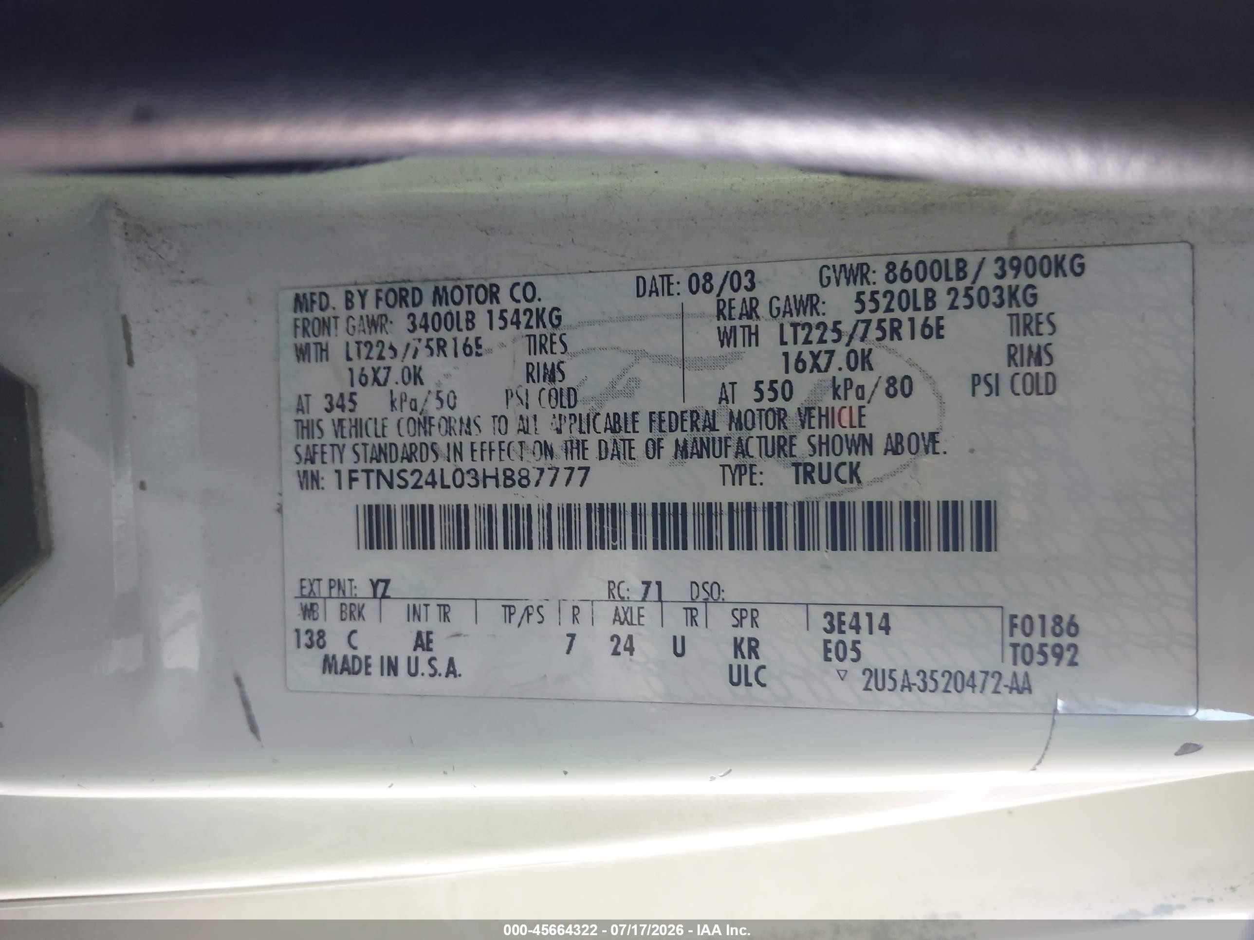 2003 Ford E-250 Commercial/recreational Белый vin: 1FTNS24L03HB87777
