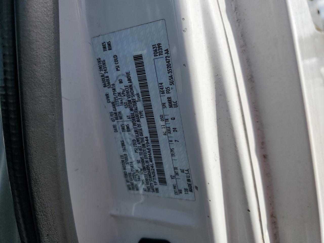 2006 Ford Econoline E250 Van Белый vin: 1FTNS24L46HA61944