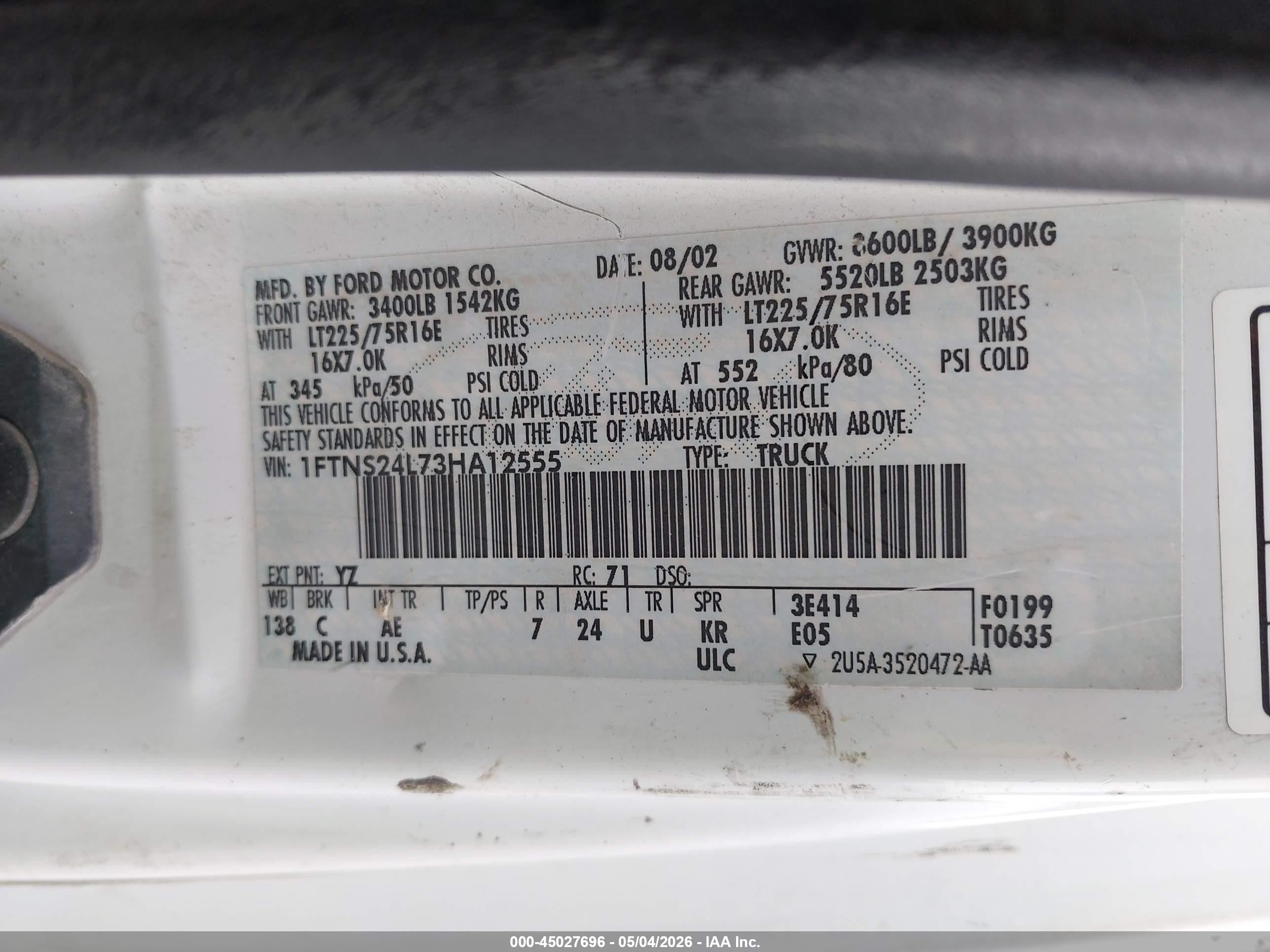 2003 Ford E-250 Commercial/recreational White vin: 1FTNS24L73HA12555