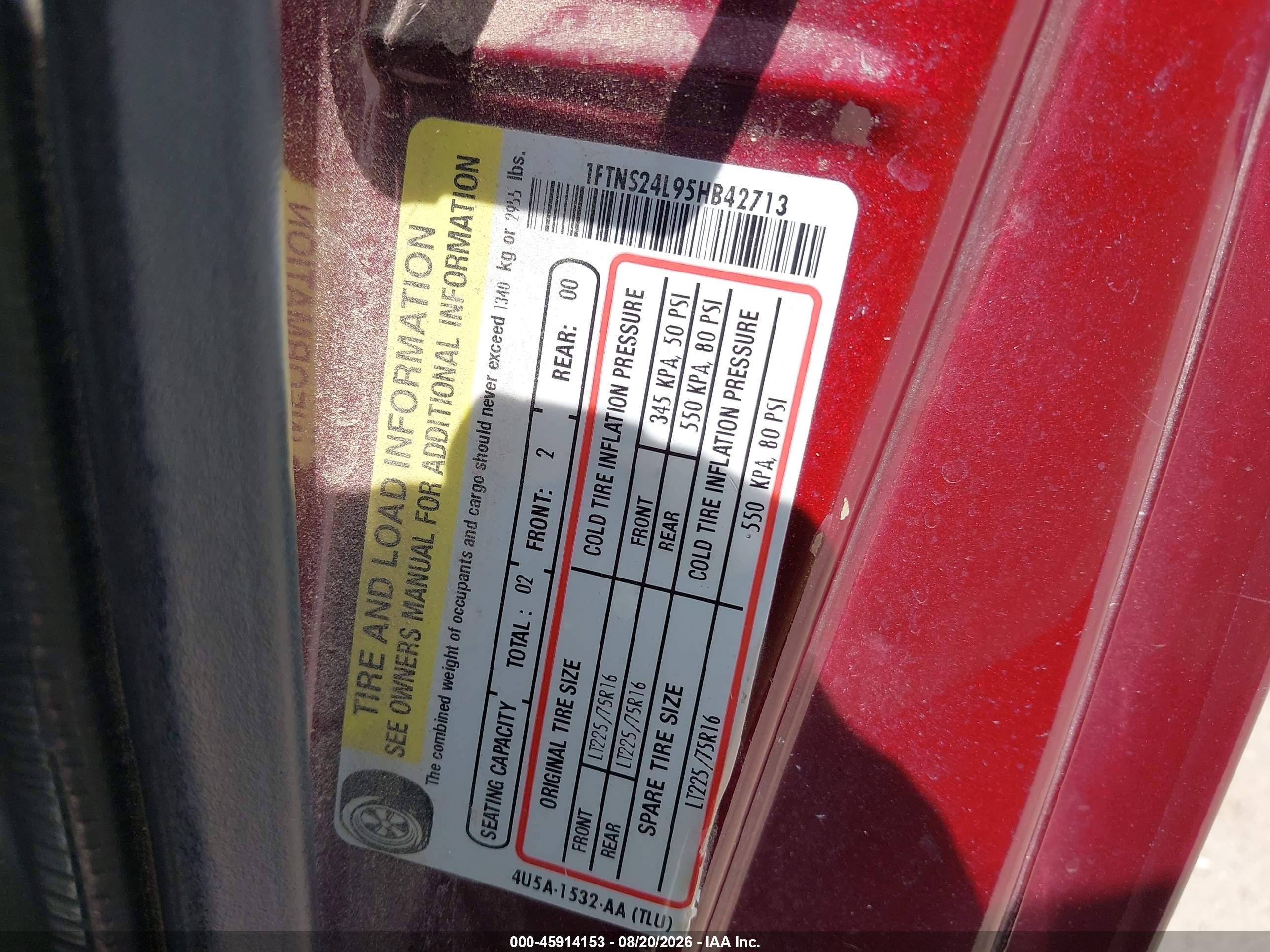 2005 Ford E-250 Commercial/recreational Red vin: 1FTNS24L95HB42713