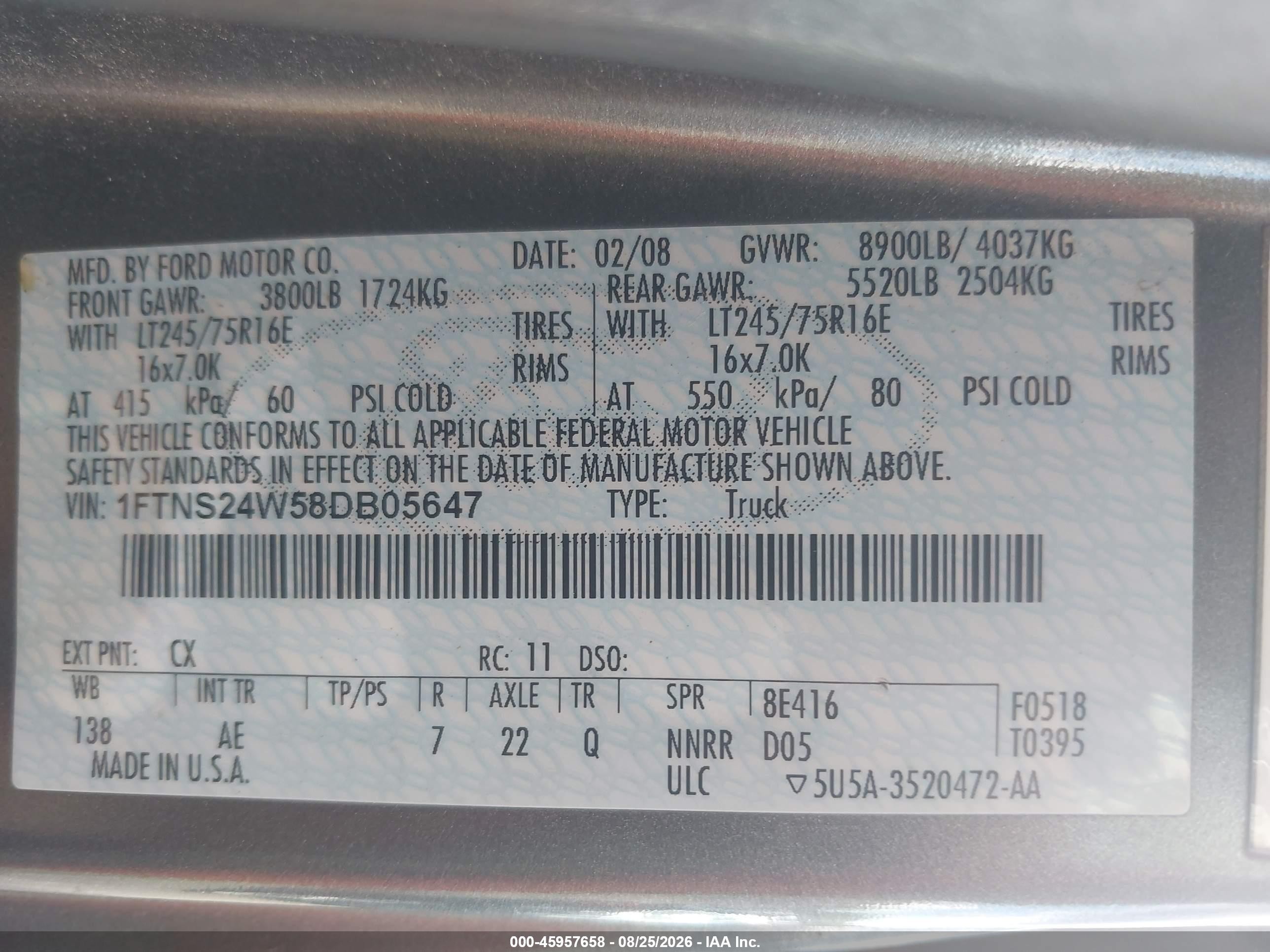 2008 Ford E-250 Commercial/recreational Gray vin: 1FTNS24W58DB05647