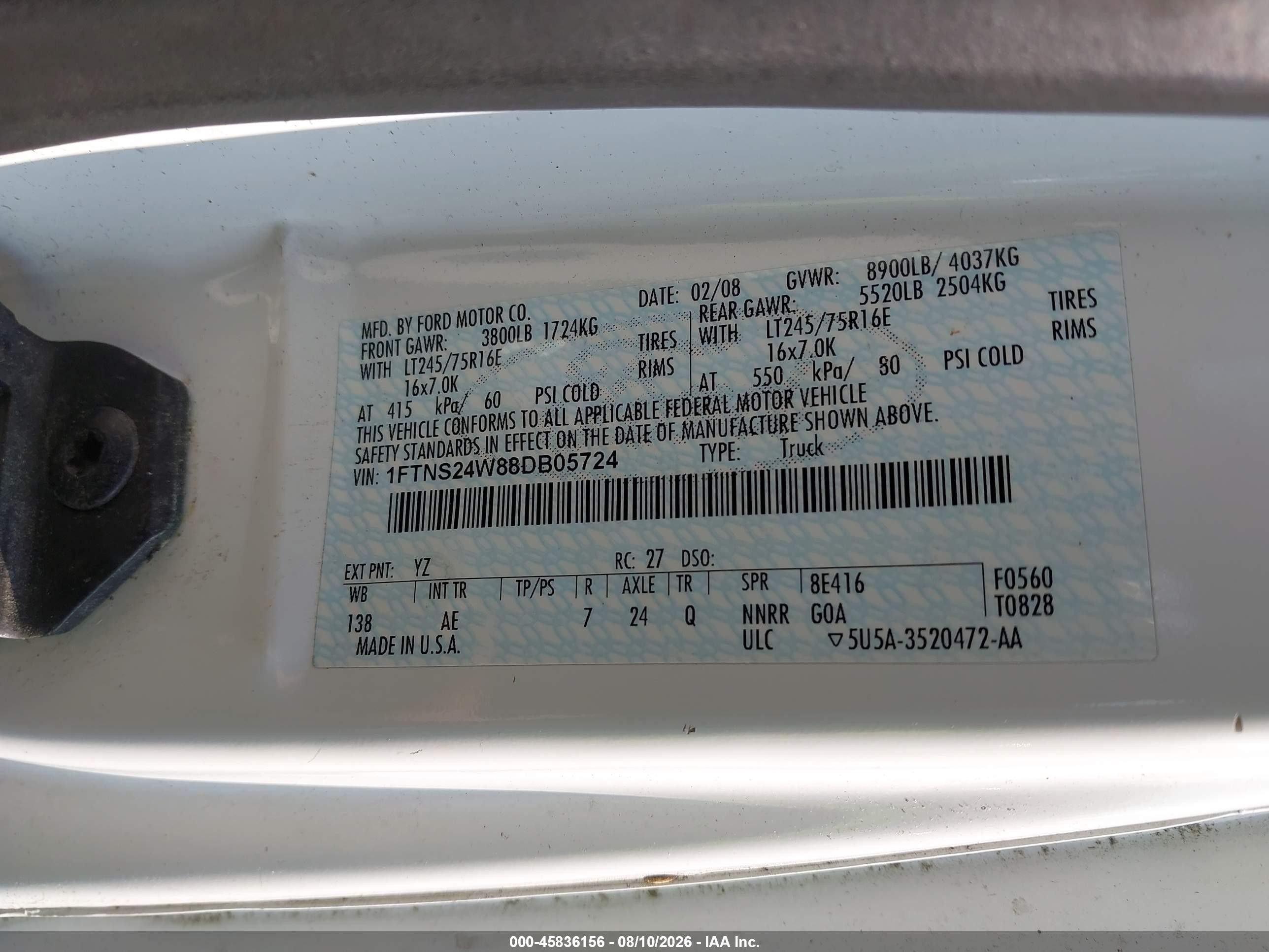 2008 Ford E-250 Commercial/recreational White vin: 1FTNS24W88DB05724
