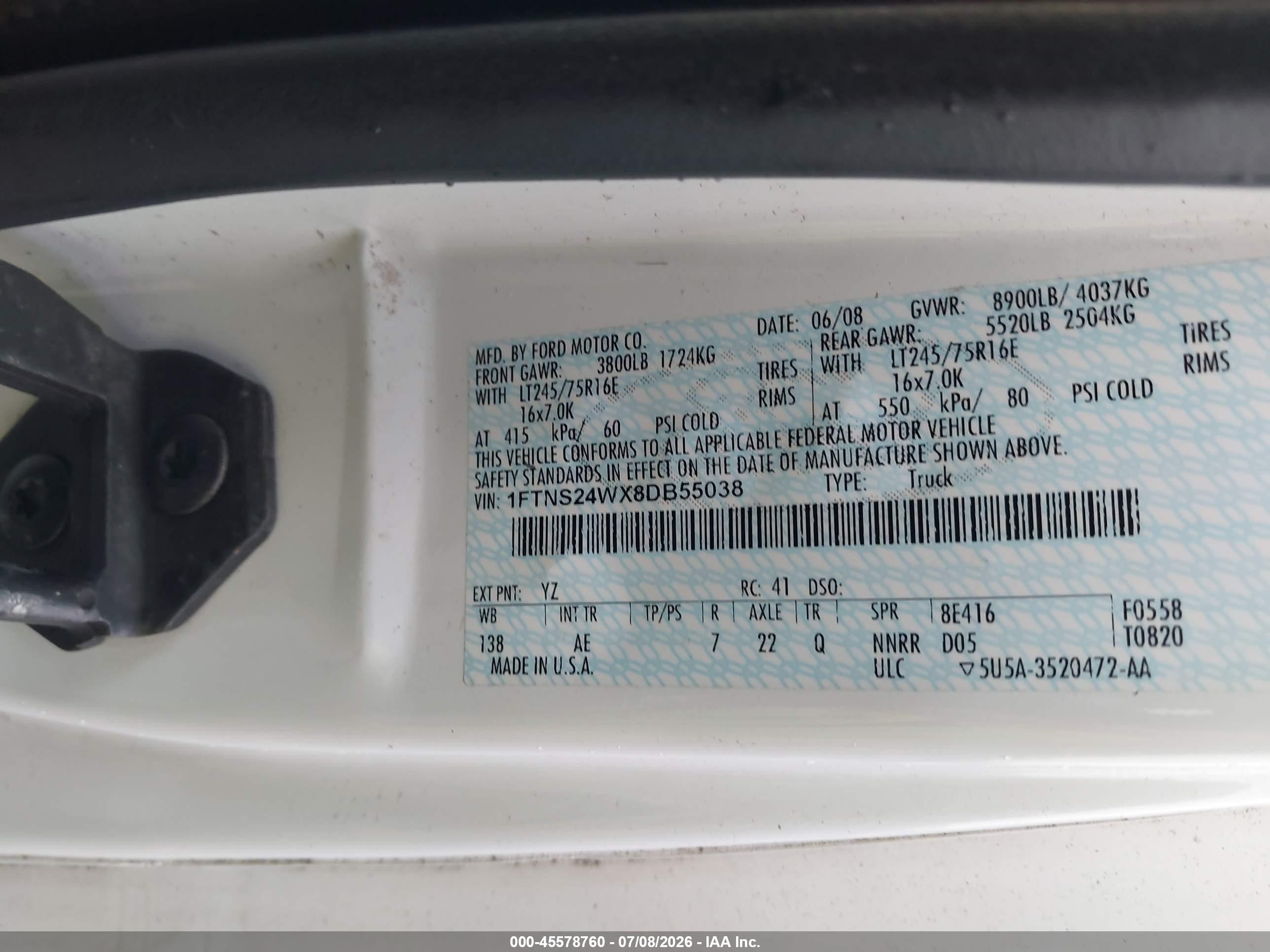 2008 Ford E-250 Commercial/recreational White vin: 1FTNS24WX8DB55038