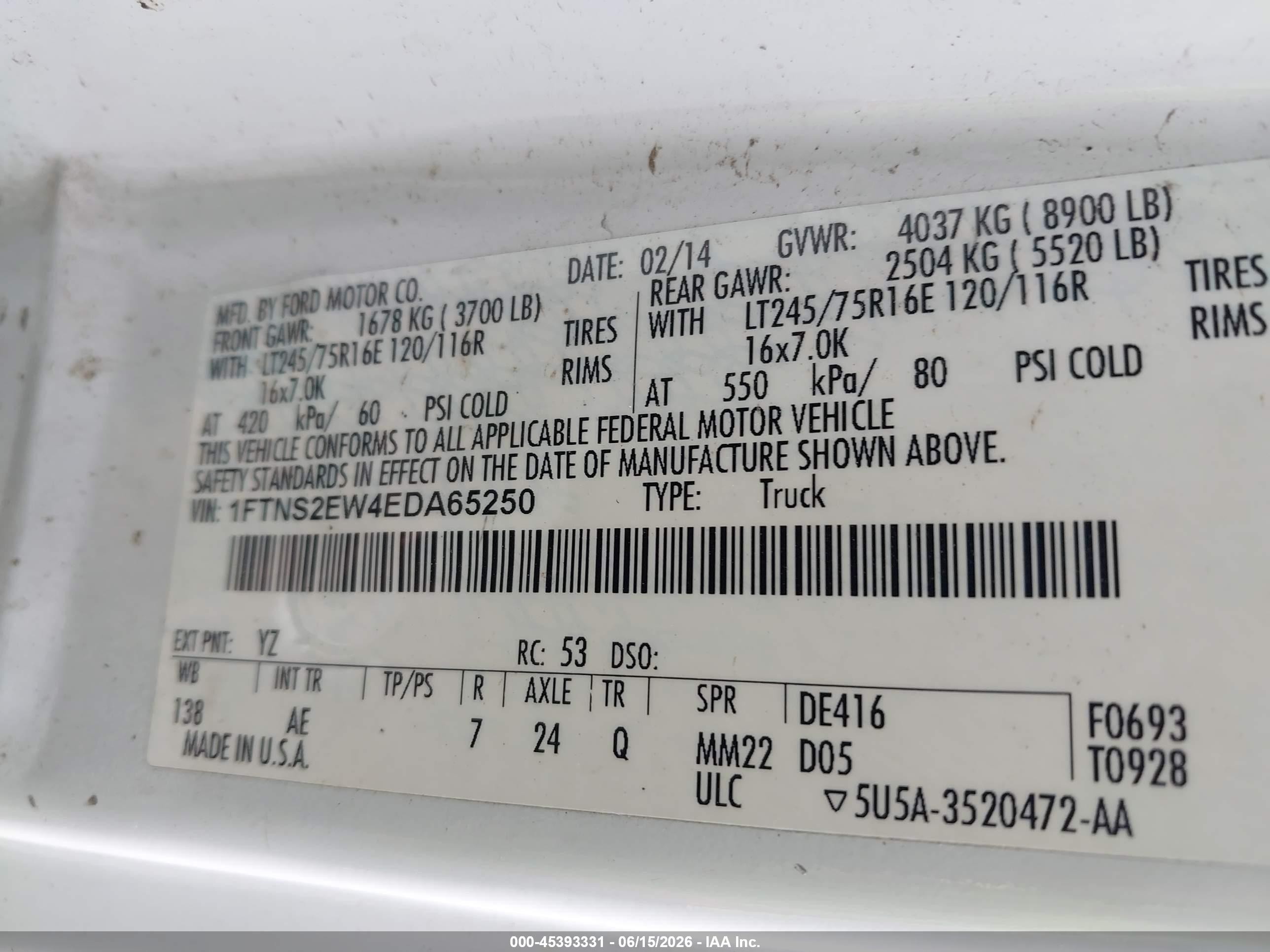 2014 Ford E-250 Commercial White vin: 1FTNS2EW4EDA65250