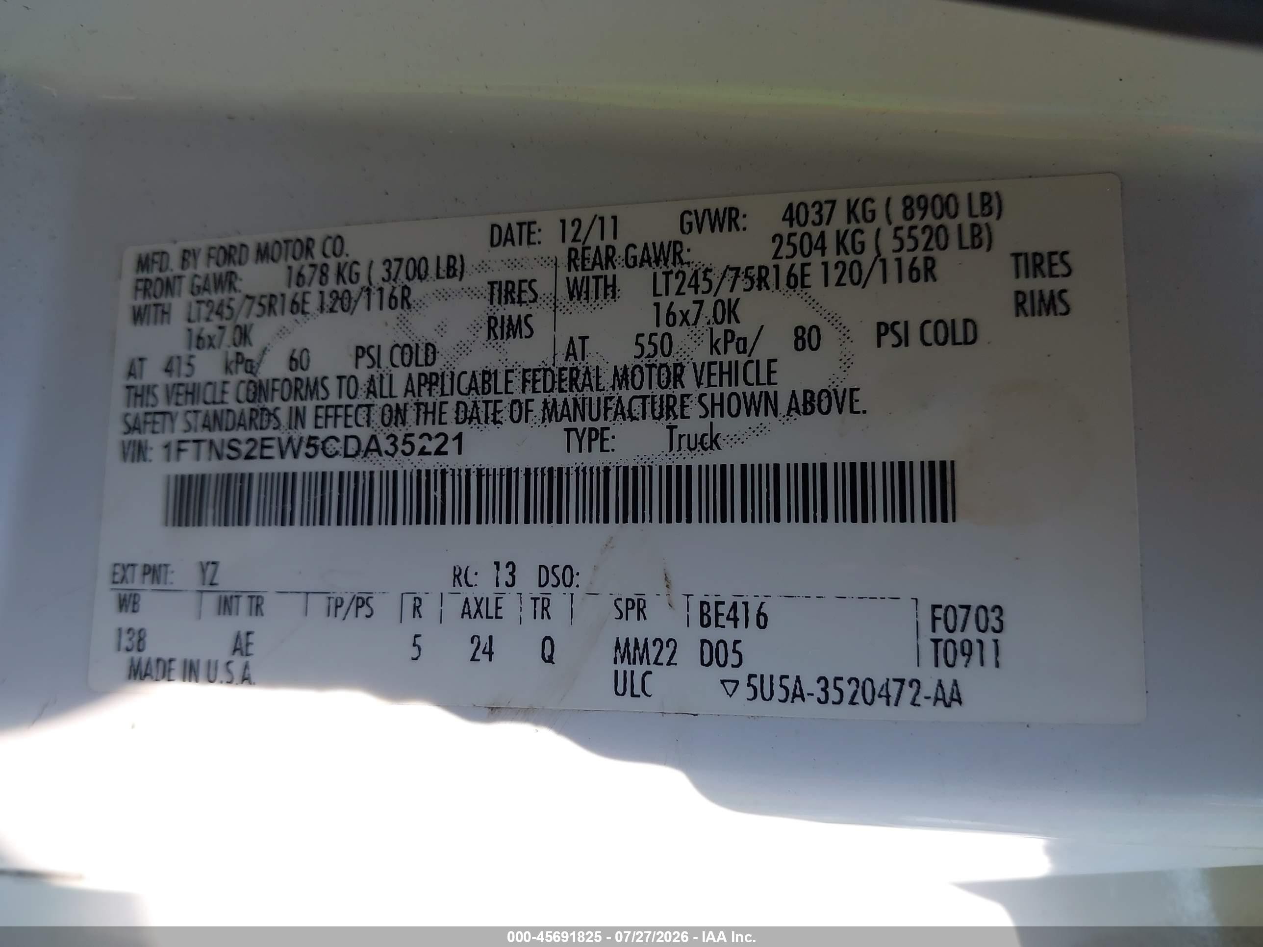 2012 Ford E-250 Commercial White vin: 1FTNS2EW5CDA35221