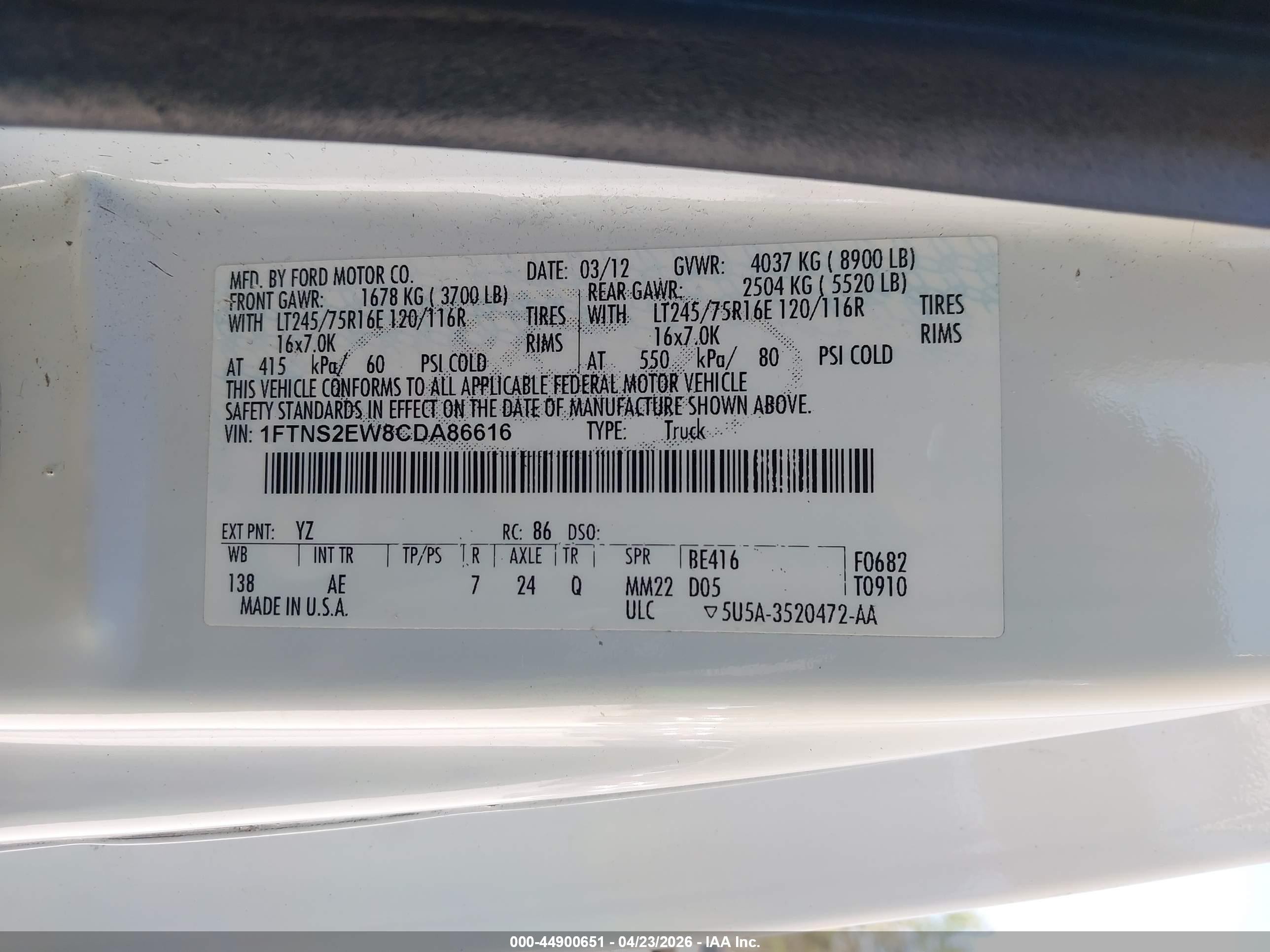 2012 Ford E-250 Commercial White vin: 1FTNS2EW8CDA86616