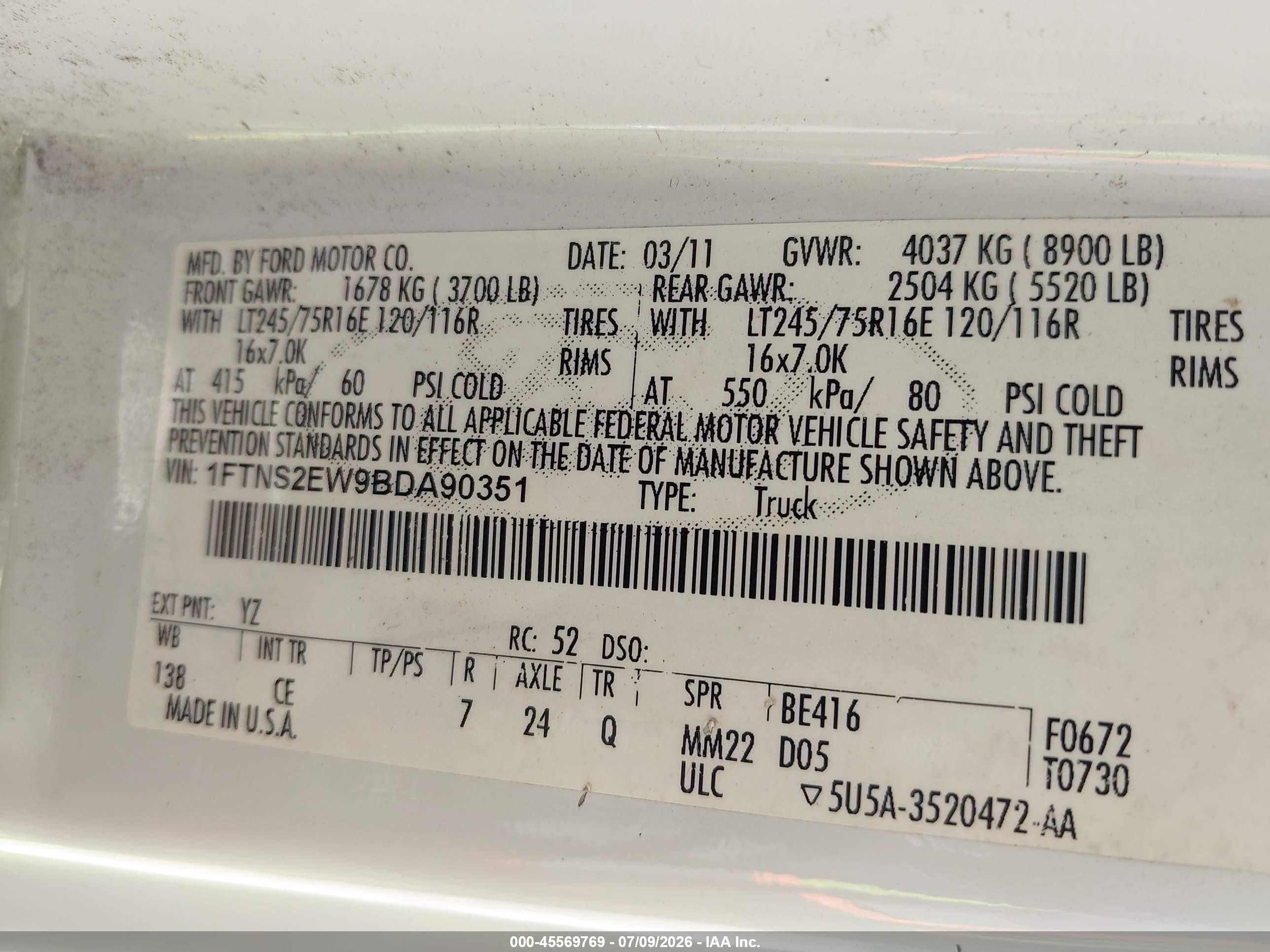 2011 Ford E-250 Commercial White vin: 1FTNS2EW9BDA90351
