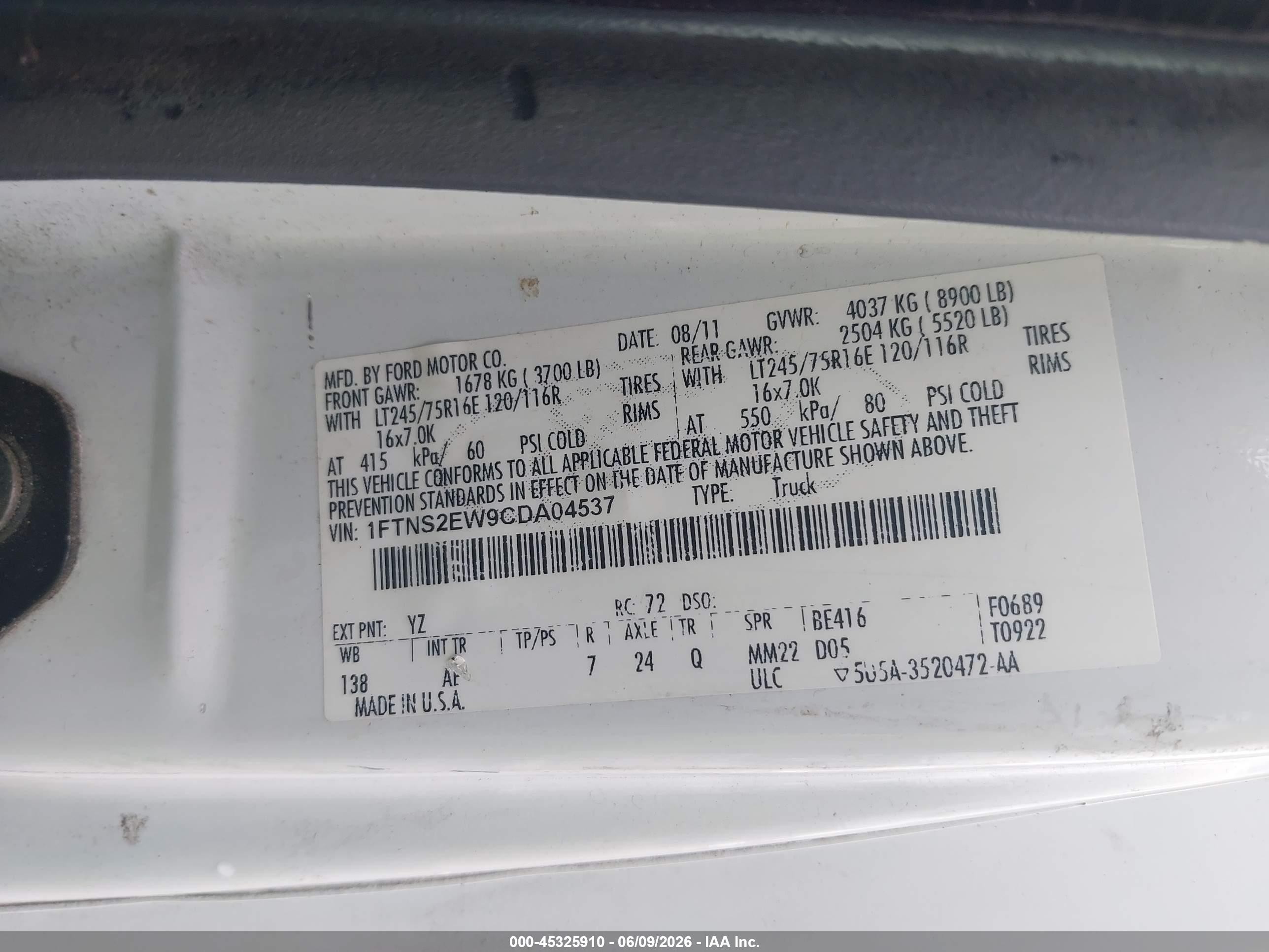 2012 Ford E-250 Commercial White vin: 1FTNS2EW9CDA04537