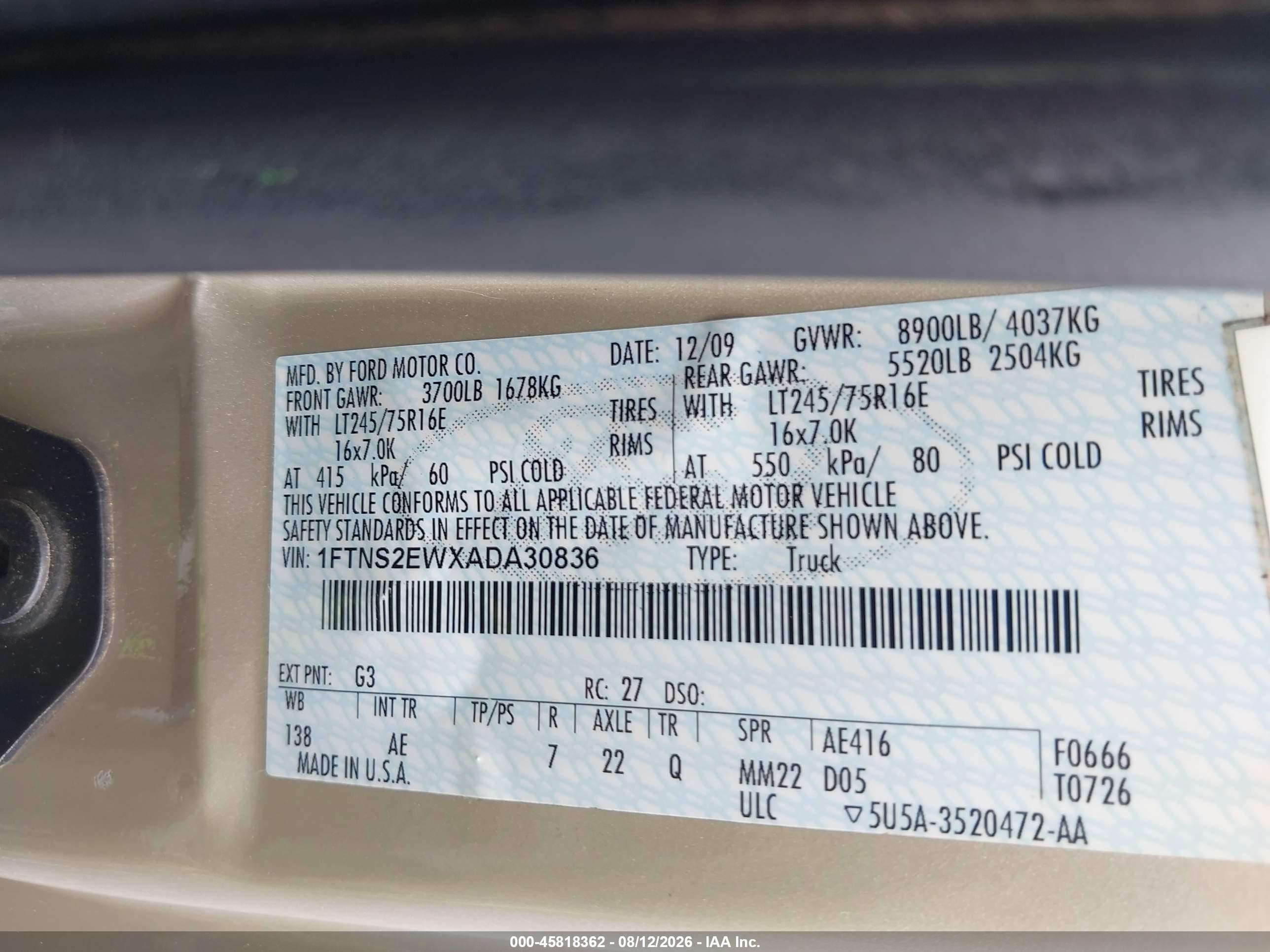2010 Ford E-250 Commercial/recreational Beige vin: 1FTNS2EWXADA30836