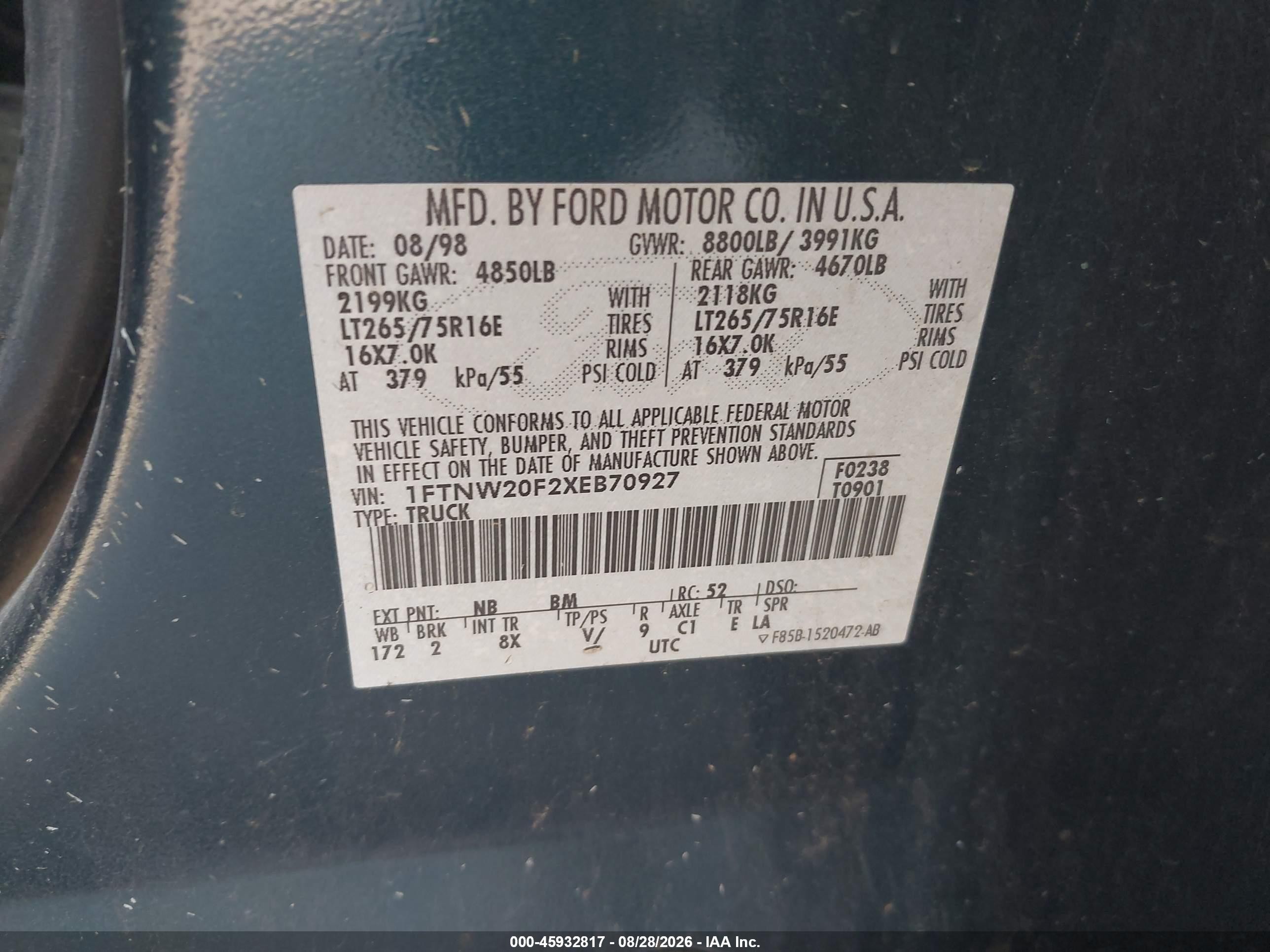 1999 Ford F-250 Lariat/xl/xlt Teal vin: 1FTNW20F2XEB70927