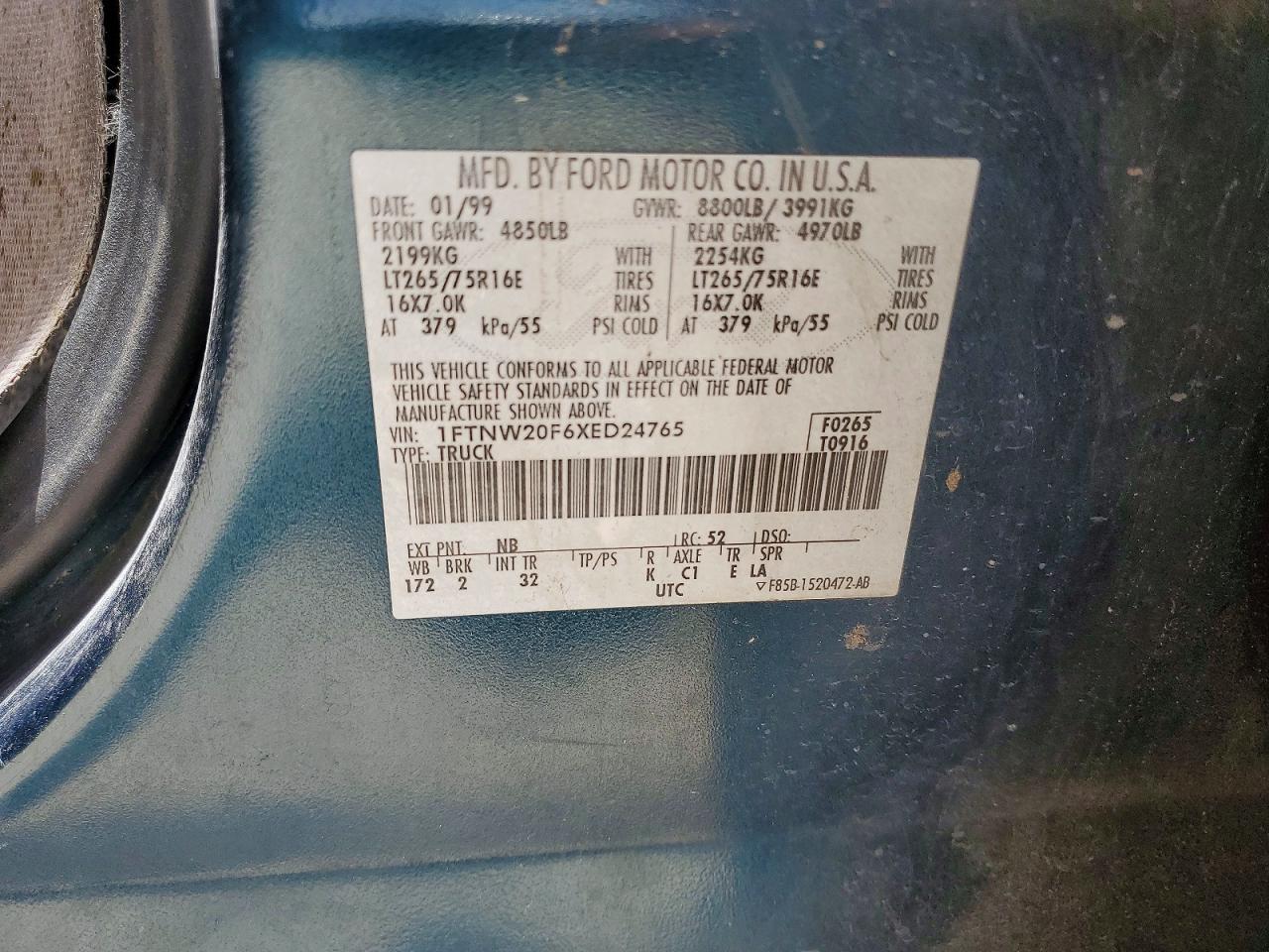 1999 Ford F250 Super Duty Blue vin: 1FTNW20F6XED24765