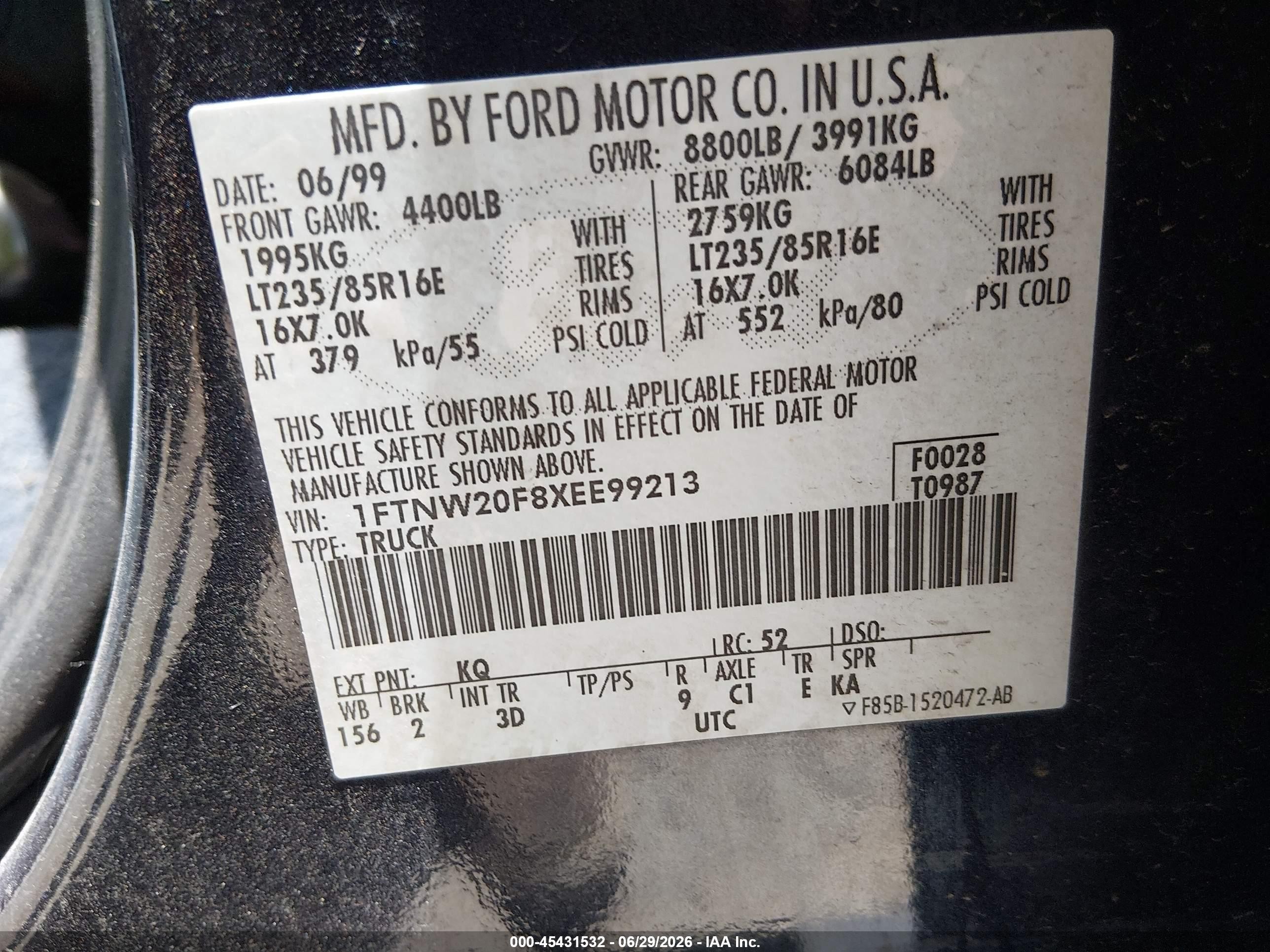 1999 Ford F-250 Lariat/xl/xlt Blue vin: 1FTNW20F8XEE99213