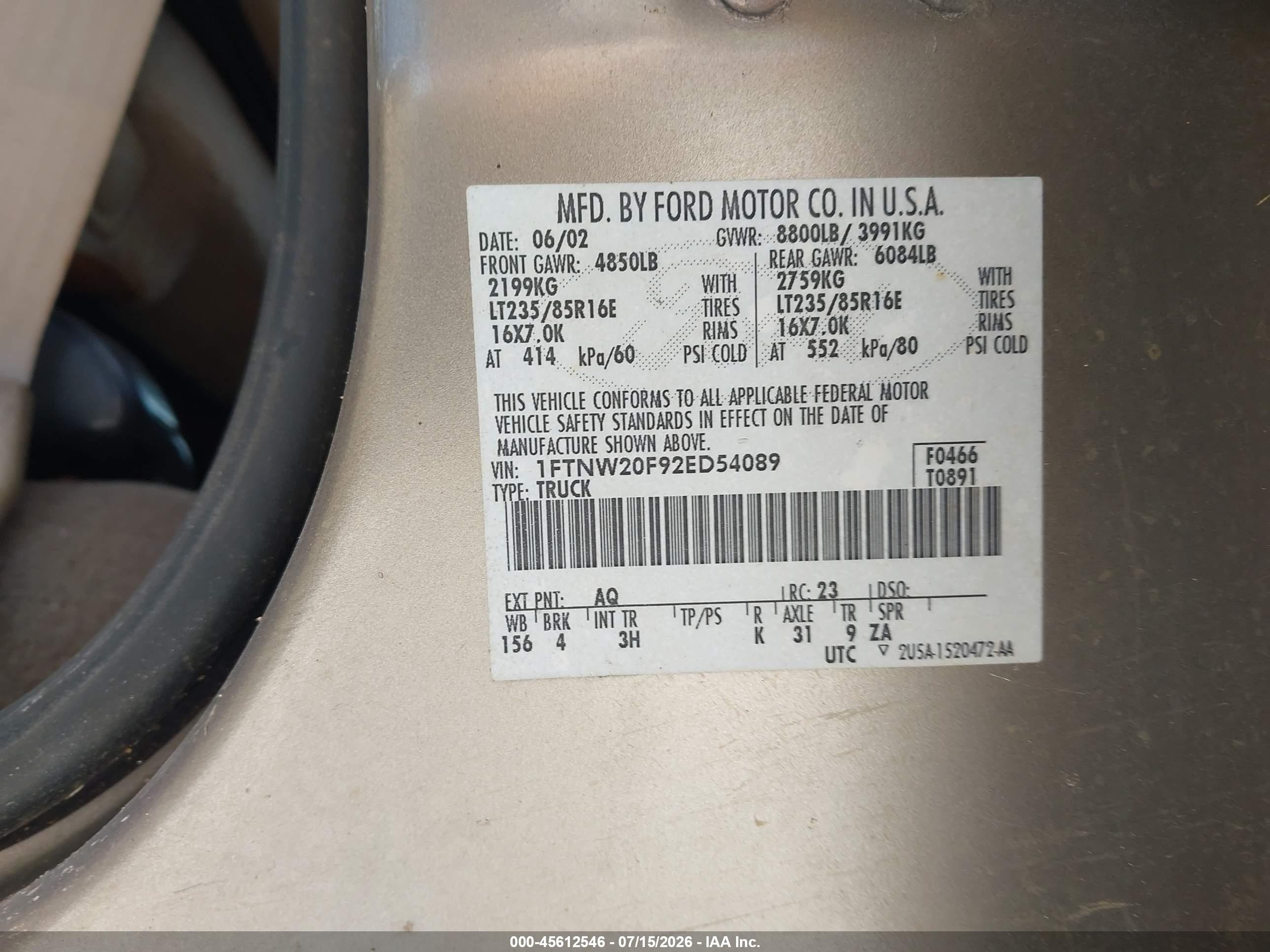 2002 Ford F-250   Gold vin: 1FTNW20F92ED54089