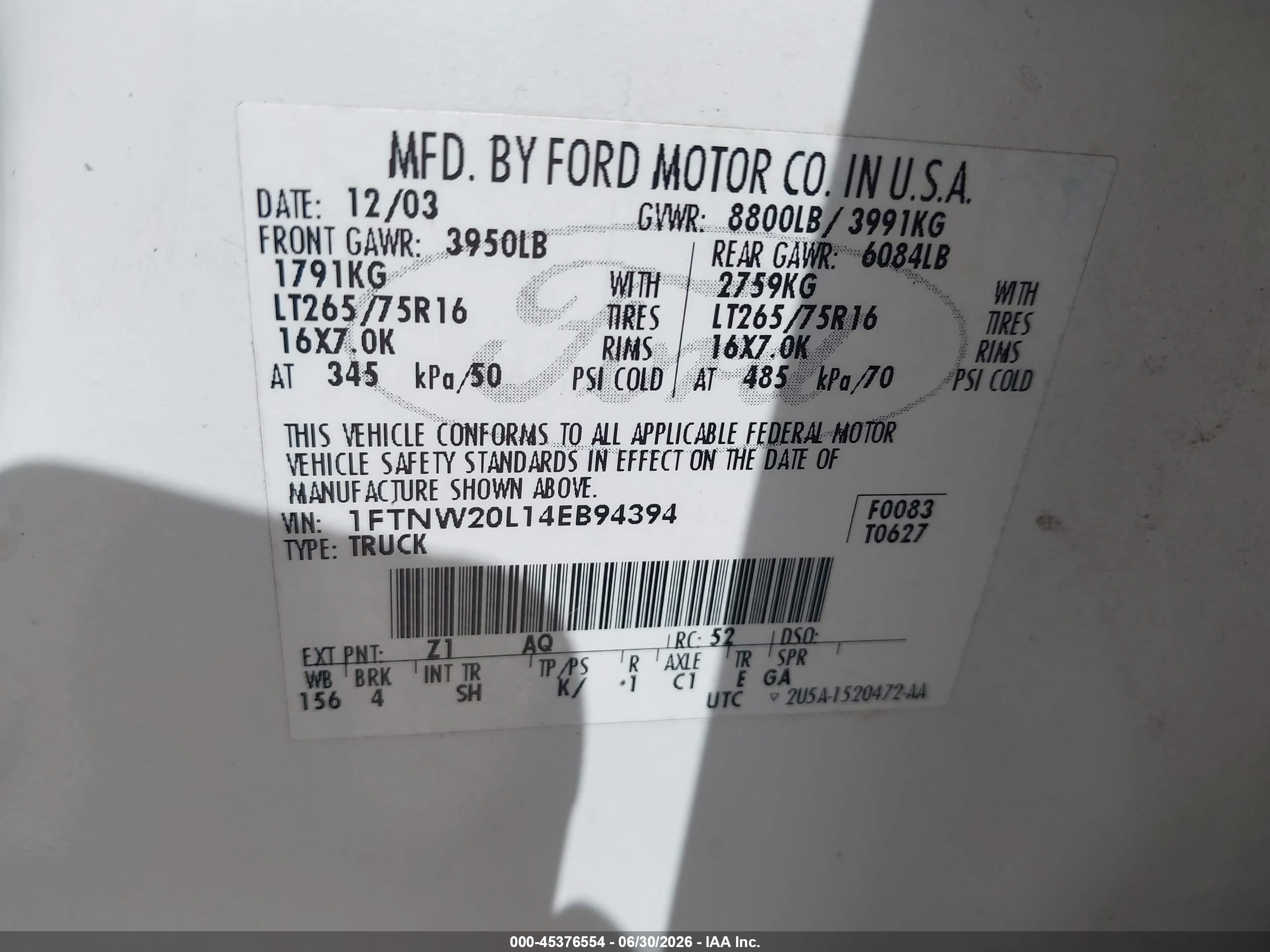 2004 Ford F-250 Lariat/xl/xlt White vin: 1FTNW20L14EB94394