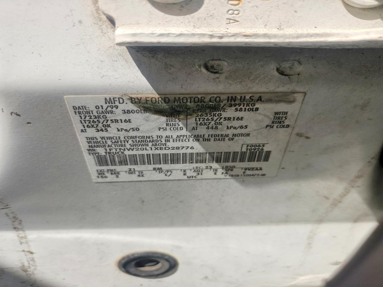 1999 Ford F250 V8 Triton White vin: 1FTNW20L1XED28776