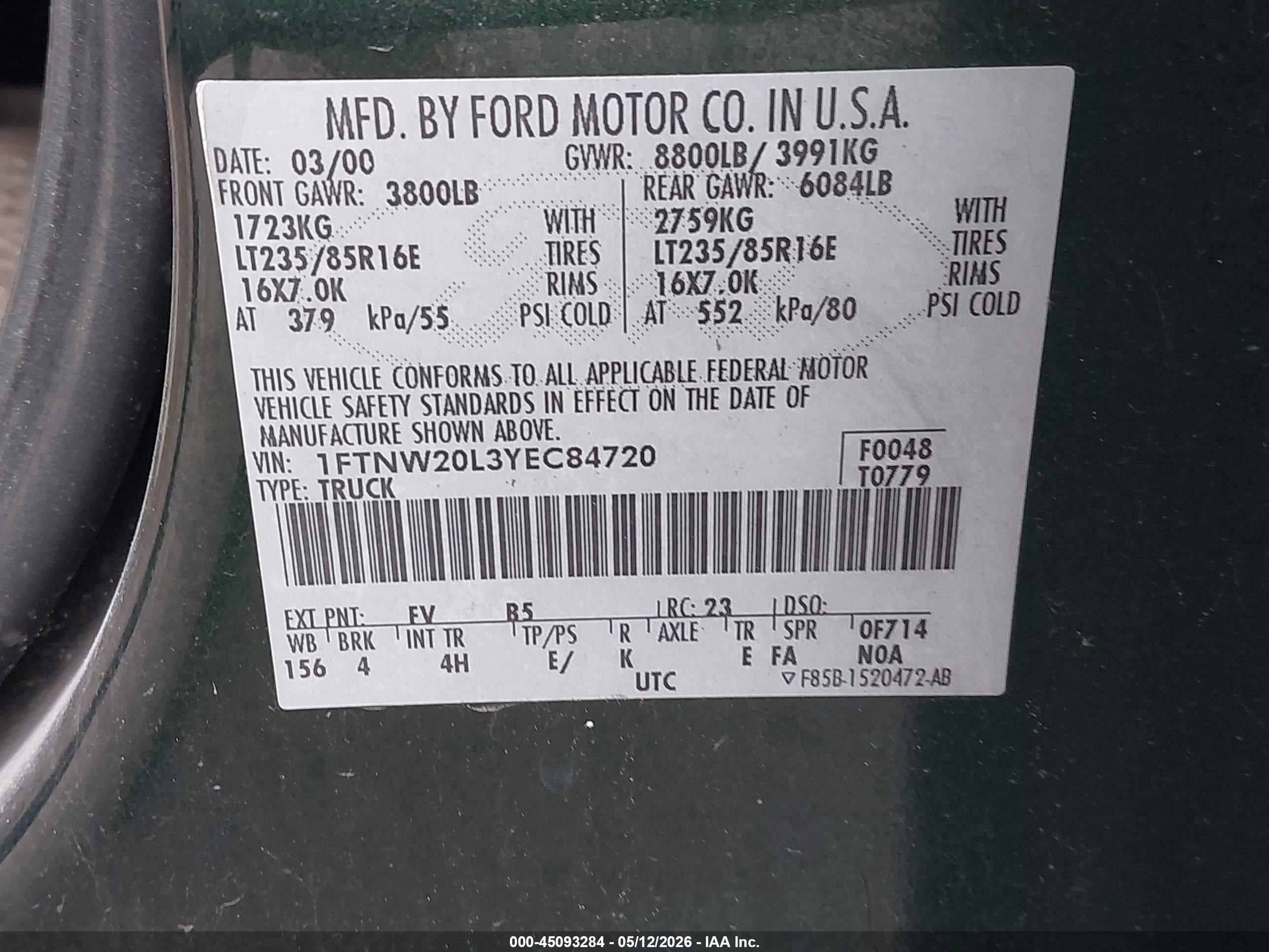 2000 Ford F-250 Lariat/xl/xlt Зеленый vin: 1FTNW20L3YEC84720