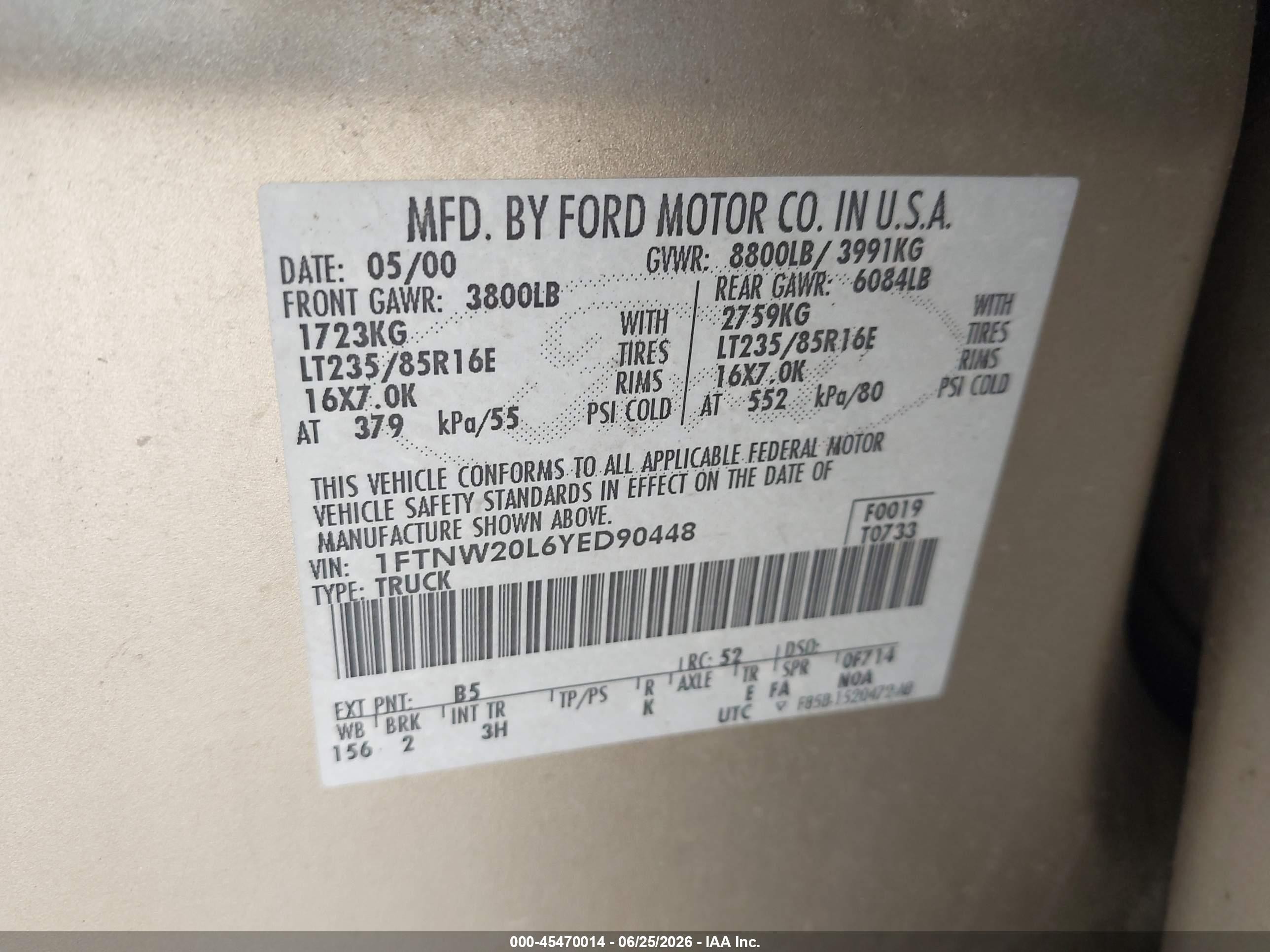 2000 Ford F-250 Lariat/xl/xlt Beige vin: 1FTNW20L6YED90448