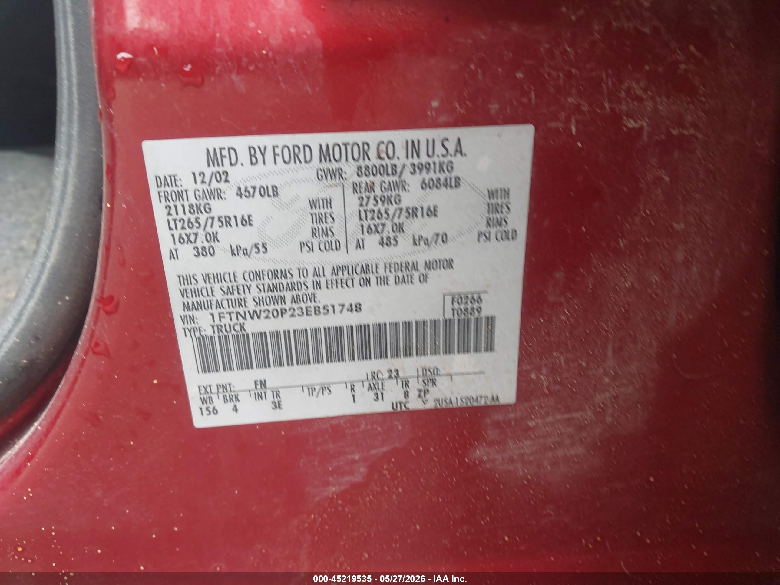 2003 Ford F-250 Lariat/xl/xlt Red vin: 1FTNW20P23EB51748