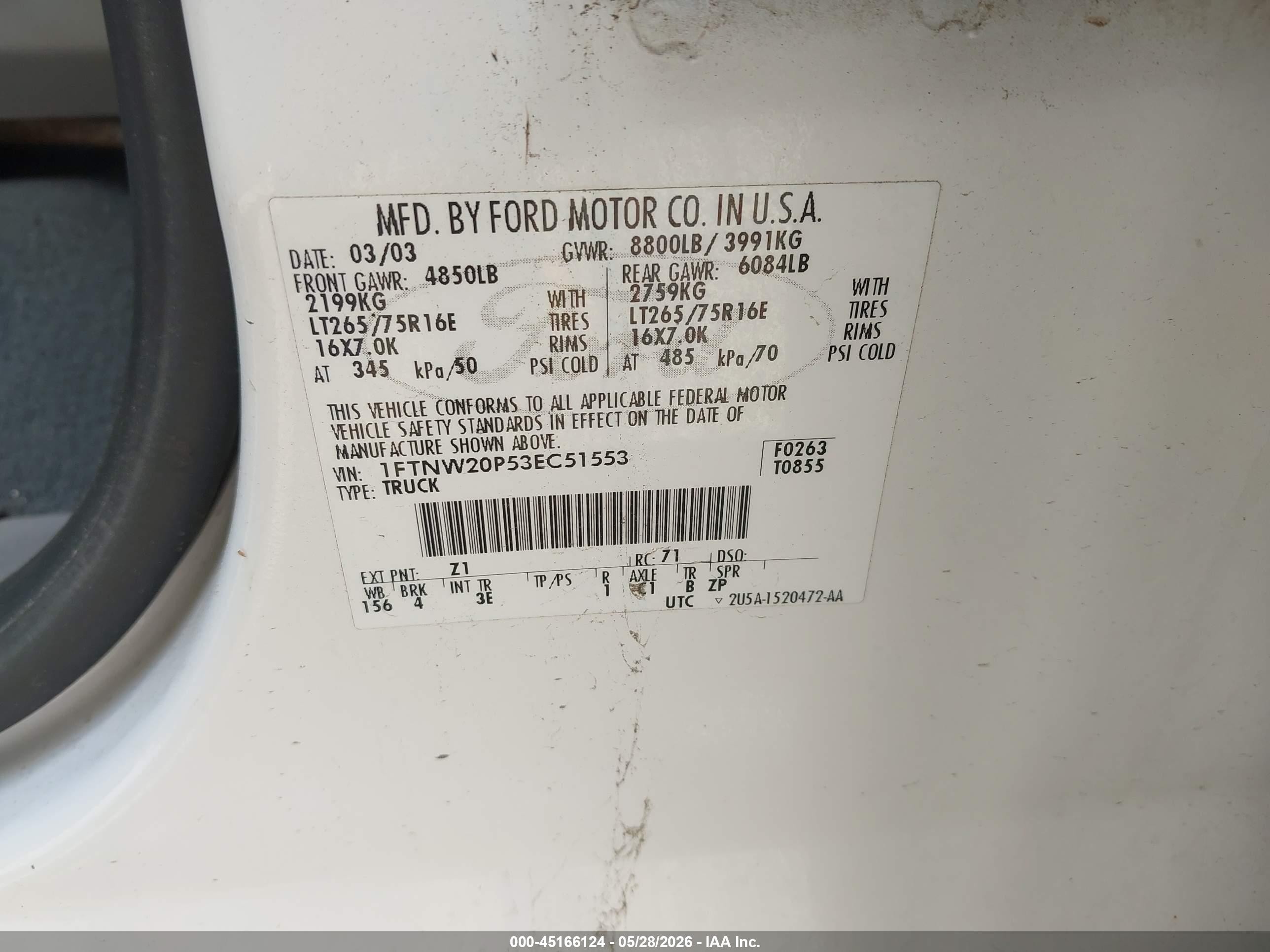 2003 Ford F-250 Lariat/xl/xlt White vin: 1FTNW20P53EC51553