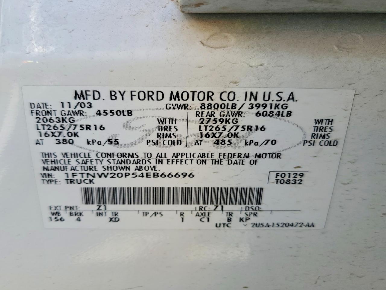 2004 Ford F250 Super Duty White vin: 1FTNW20P54EB66696