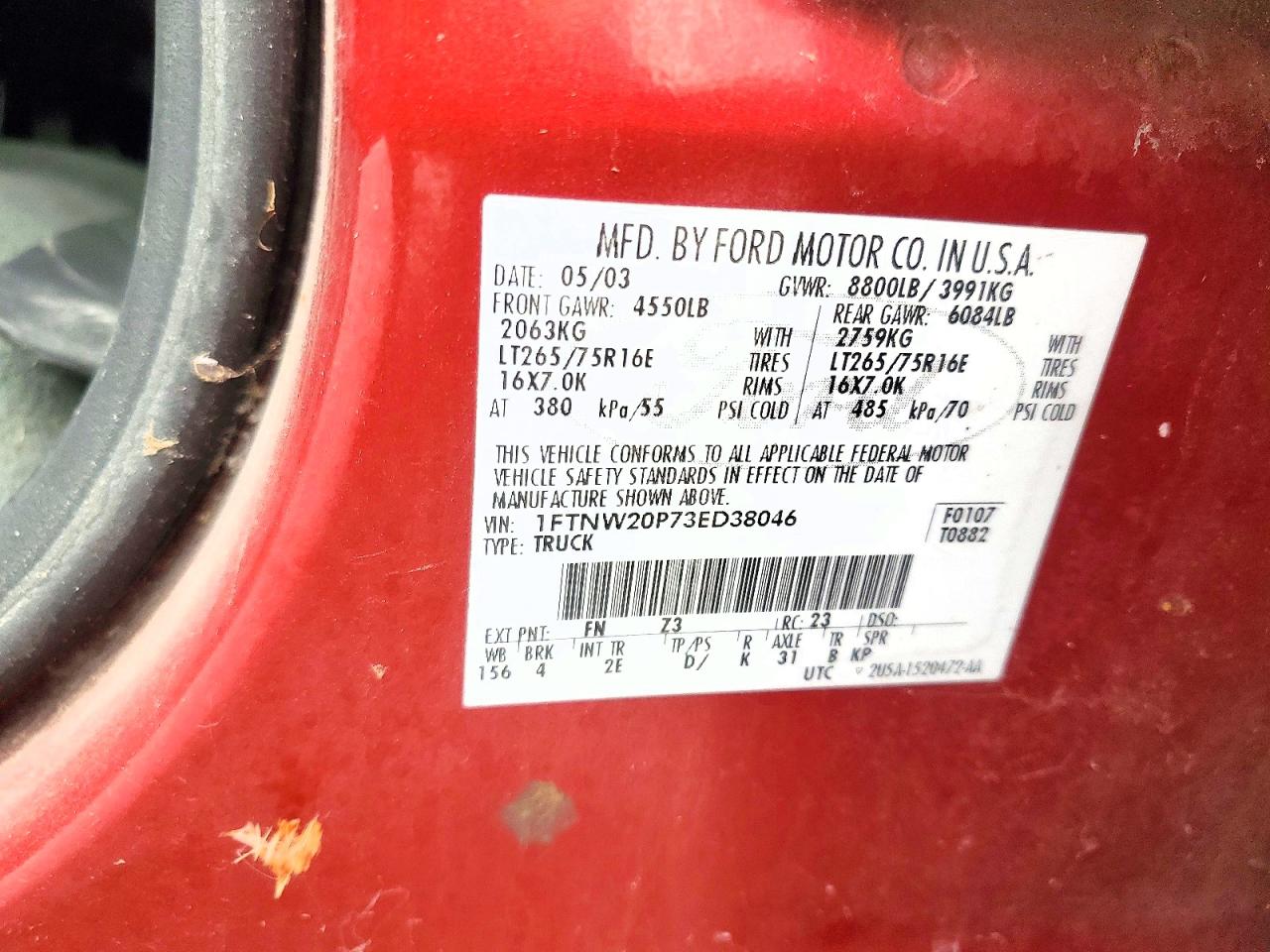 2003 Ford F250 Super Duty Red vin: 1FTNW20P73ED38046