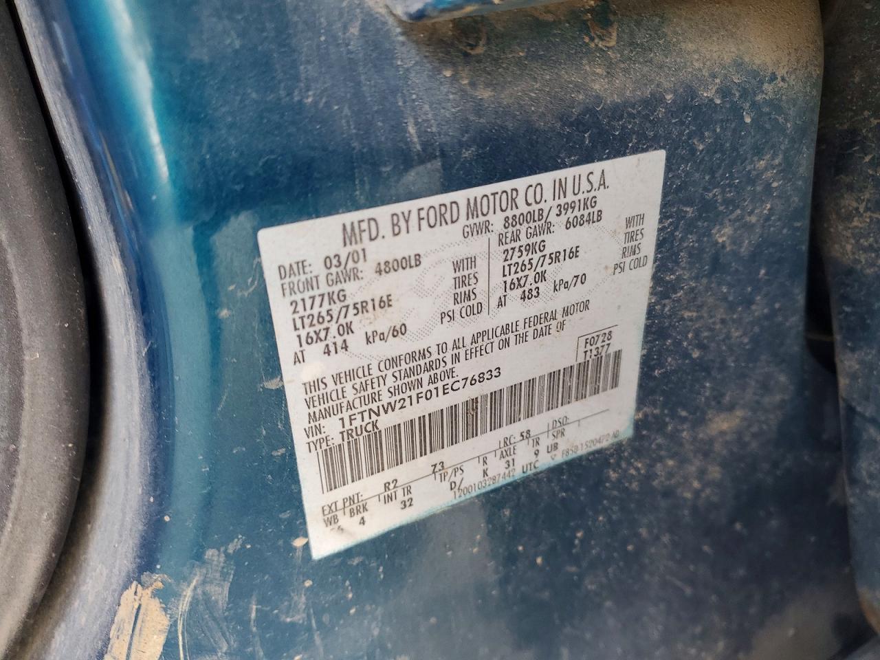 2001 Ford F250 Super Duty Blue vin: 1FTNW21F01EC76833