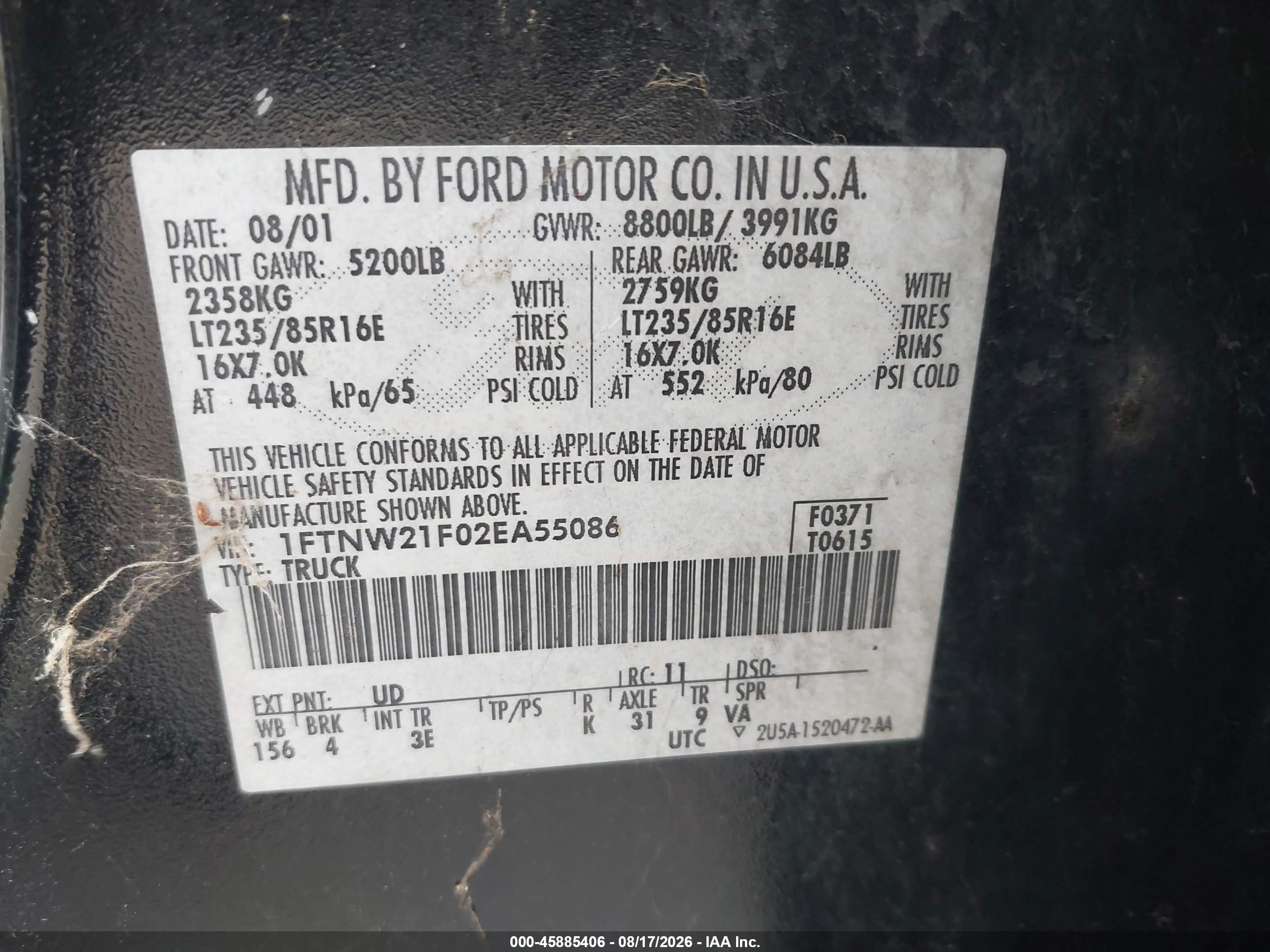 2002 Ford F-250 Lariat/xl/xlt Черный vin: 1FTNW21F02EA55086