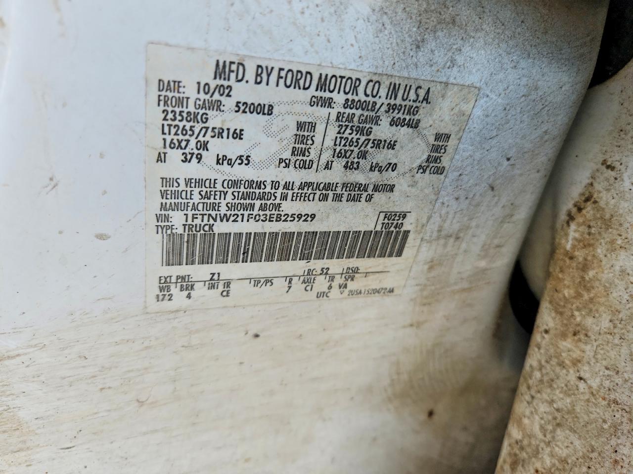 2003 Ford F250 Super Duty White vin: 1FTNW21F03EB25929