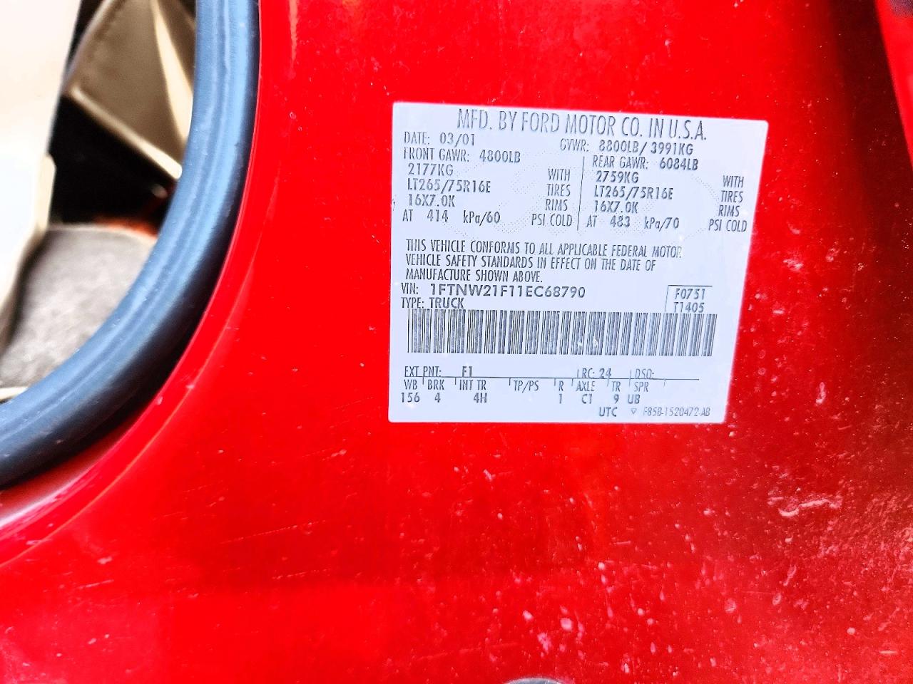 2001 Ford F250 Super Duty Red vin: 1FTNW21F11EC68790