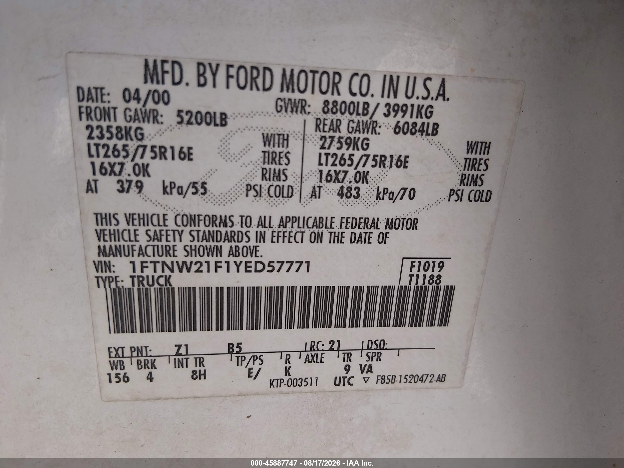 2000 Ford F-250 Lariat/xl/xlt Белый vin: 1FTNW21F1YED57771