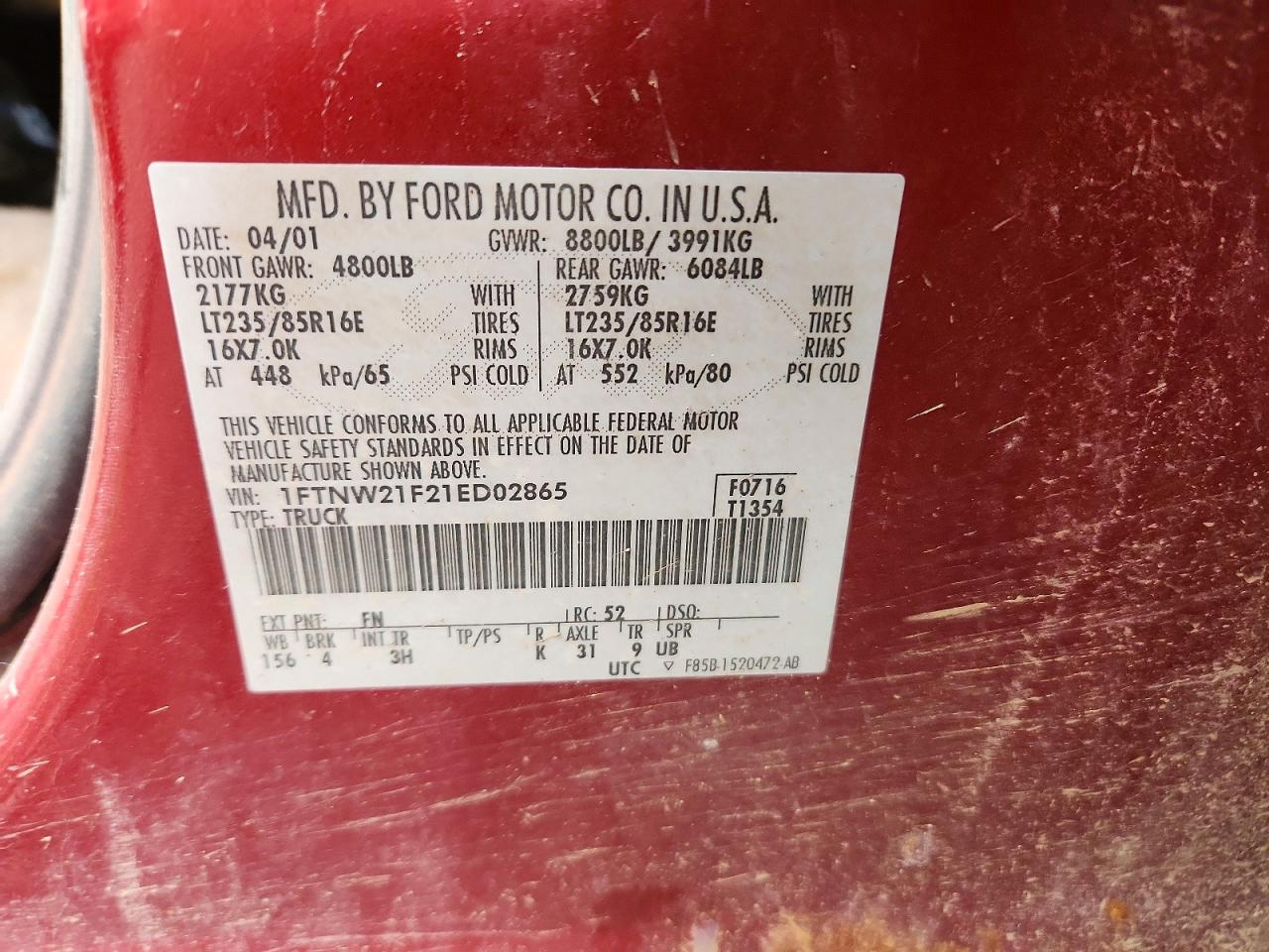 2001 Ford F250 Super Duty Burgundy vin: 1FTNW21F21ED02865