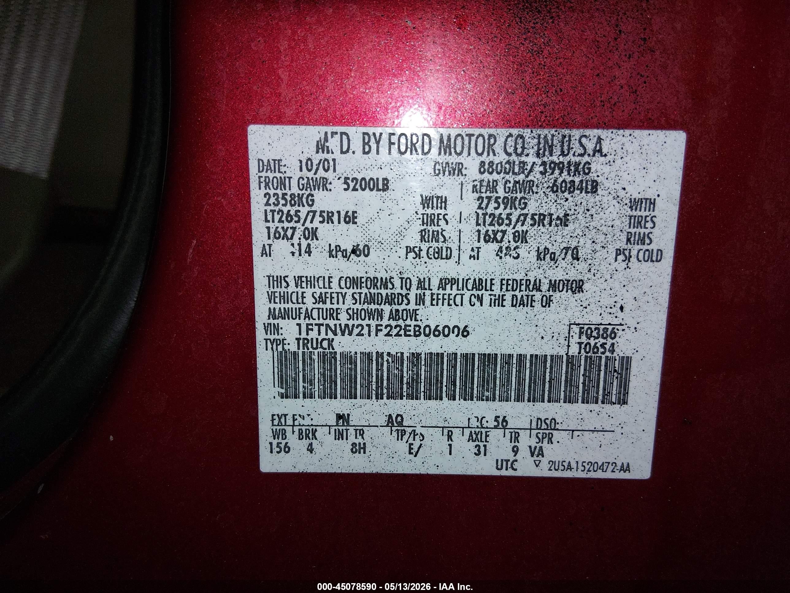 2002 Ford F-250 Lariat/xl/xlt Red vin: 1FTNW21F22EB06006