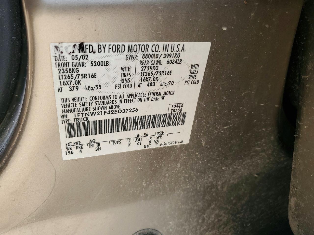 2002 Ford F250 Super Duty Gold vin: 1FTNW21F42ED32256