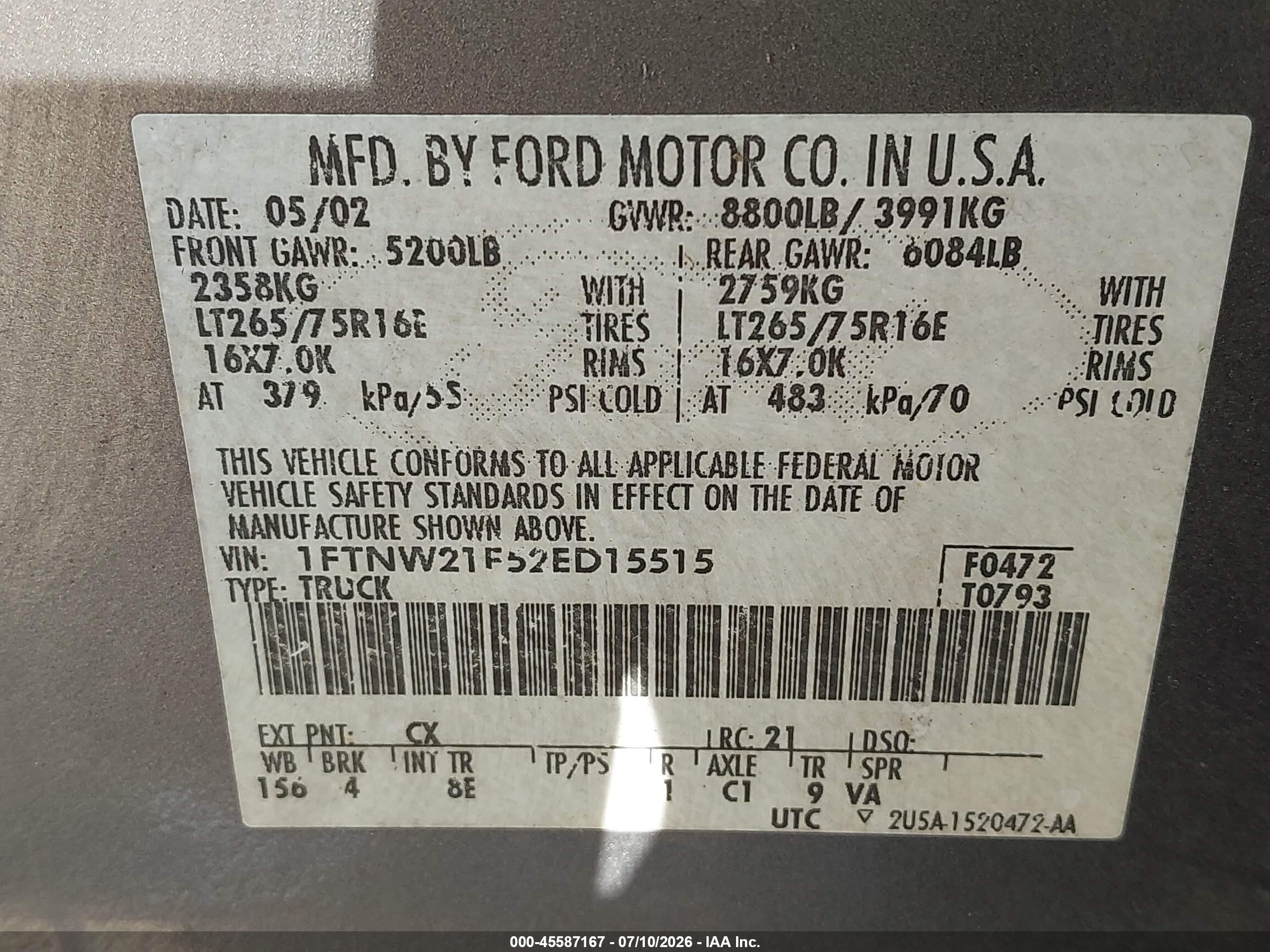 2002 Ford F-250 Lariat/xl/xlt Серый vin: 1FTNW21F52ED15515