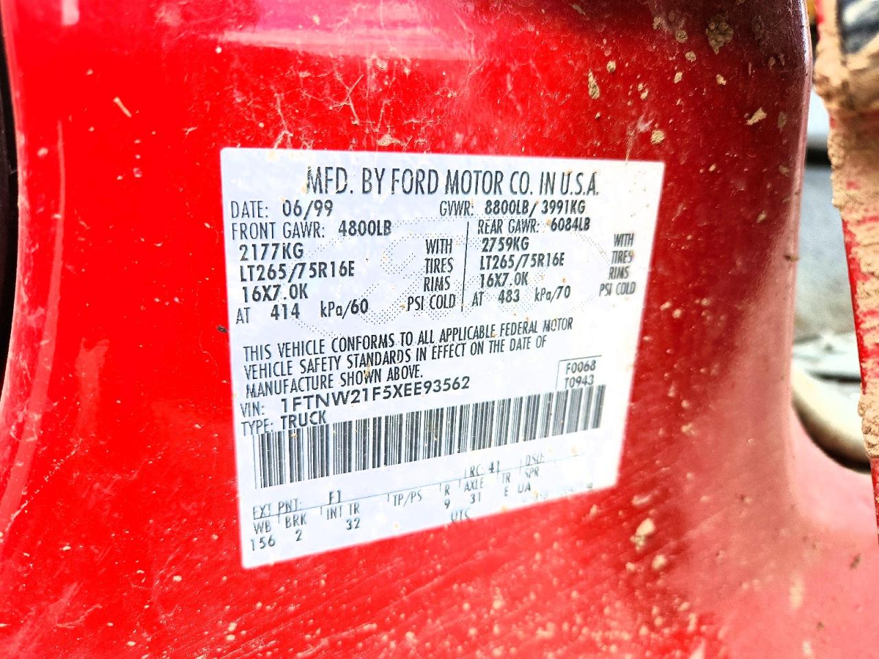 1999 Ford F250 Super Duty Red vin: 1FTNW21F5XEE93562