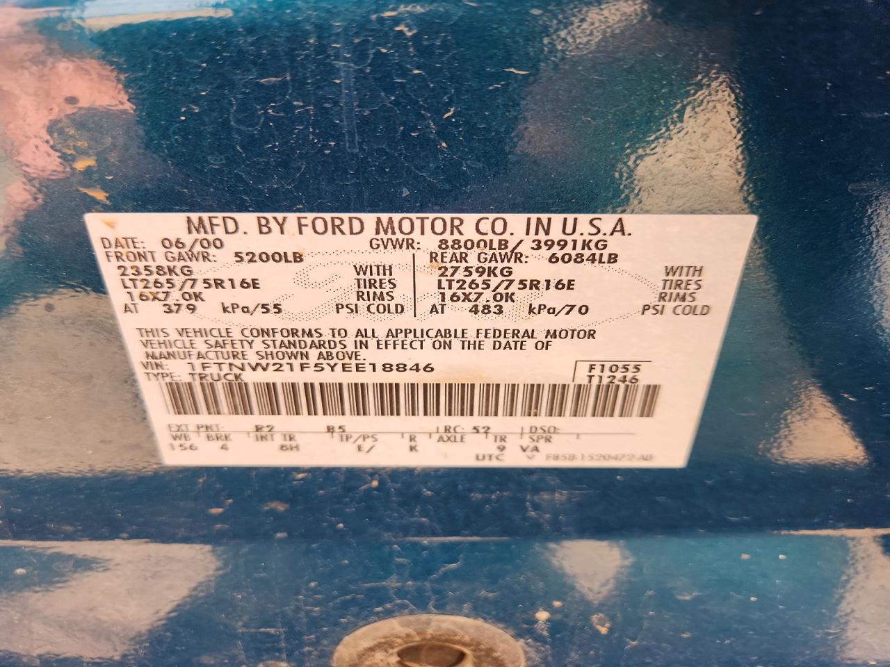 2000 Ford F250 Super Duty Синий vin: 1FTNW21F5YEE18846