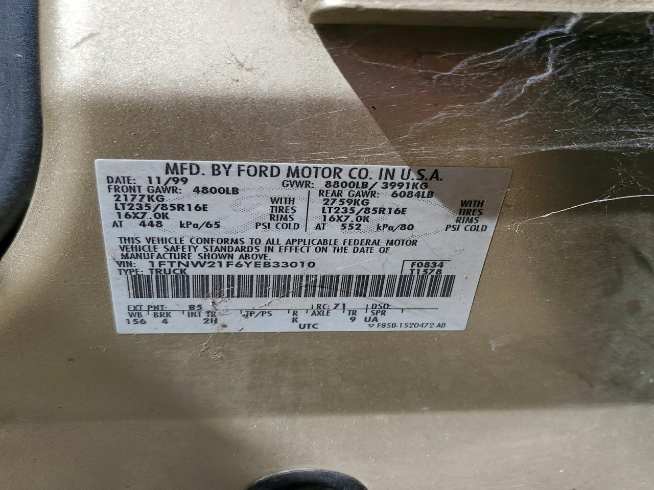 2000 Ford F250 Super Duty Gold vin: 1FTNW21F6YEB33010
