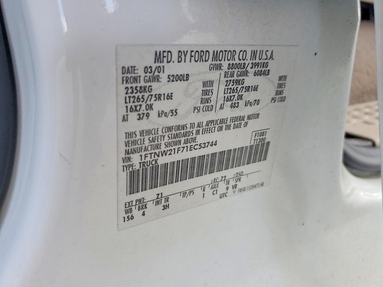 2001 Ford F250 Super Duty White vin: 1FTNW21F71EC53744