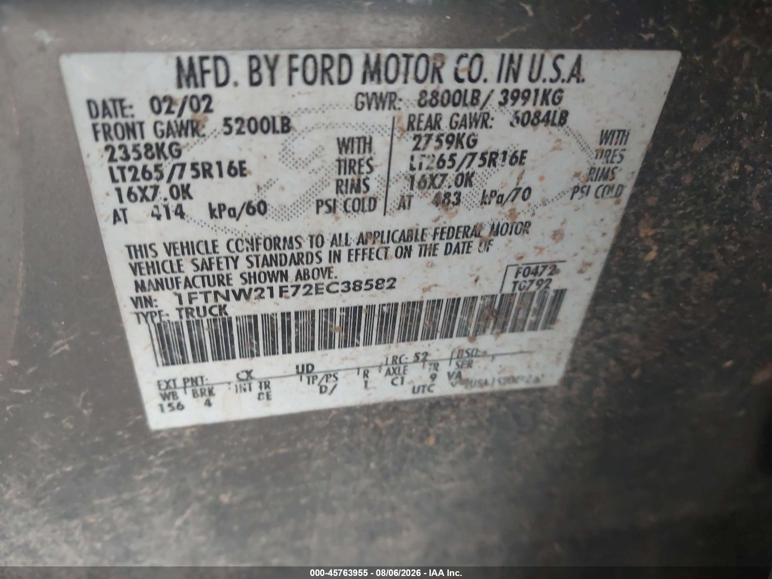 2002 Ford F-250 Lariat/xl/xlt Gray vin: 1FTNW21F72EC38582