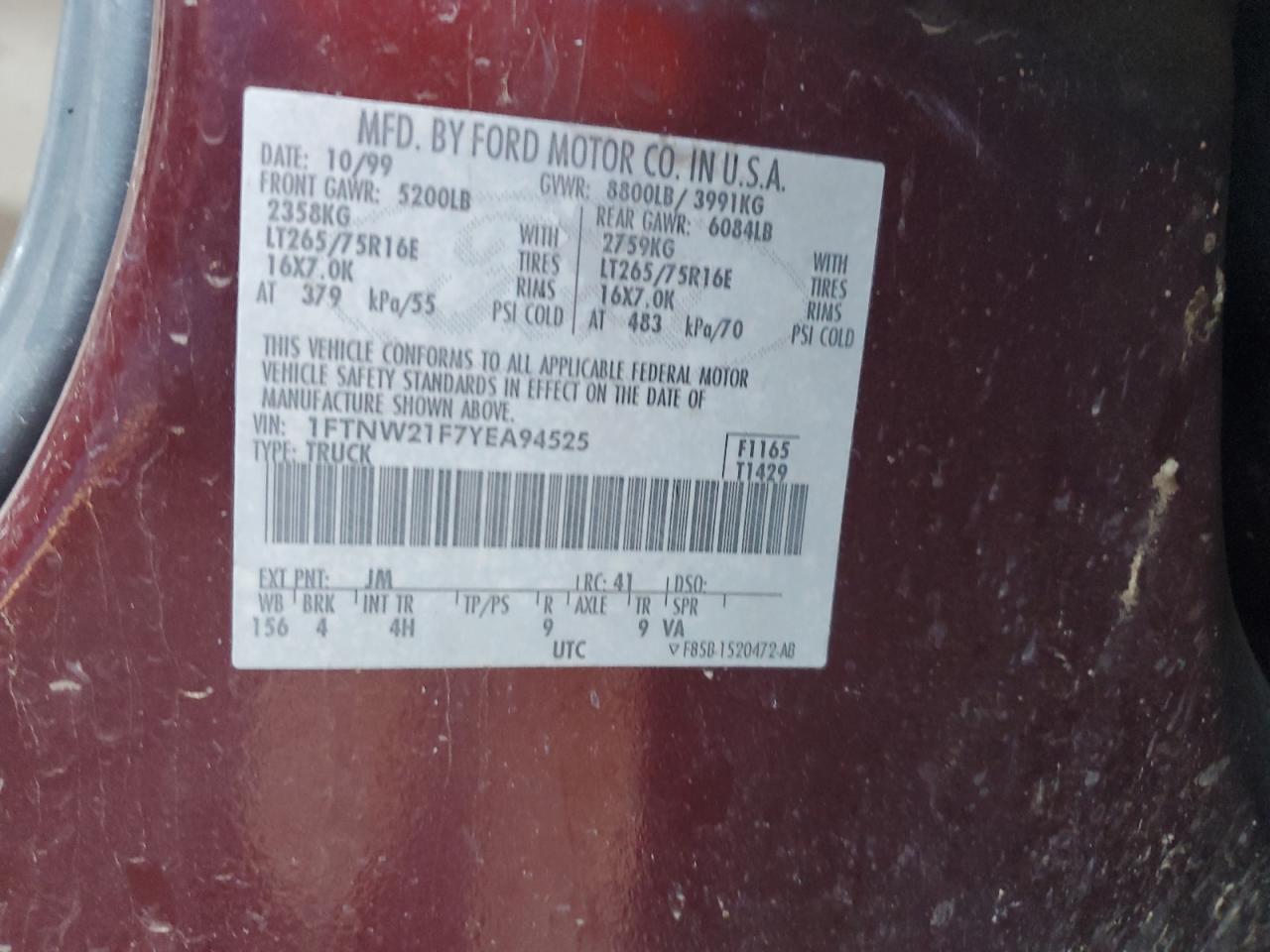 2000 Ford F250 Super Duty Maroon vin: 1FTNW21F7YEA94525