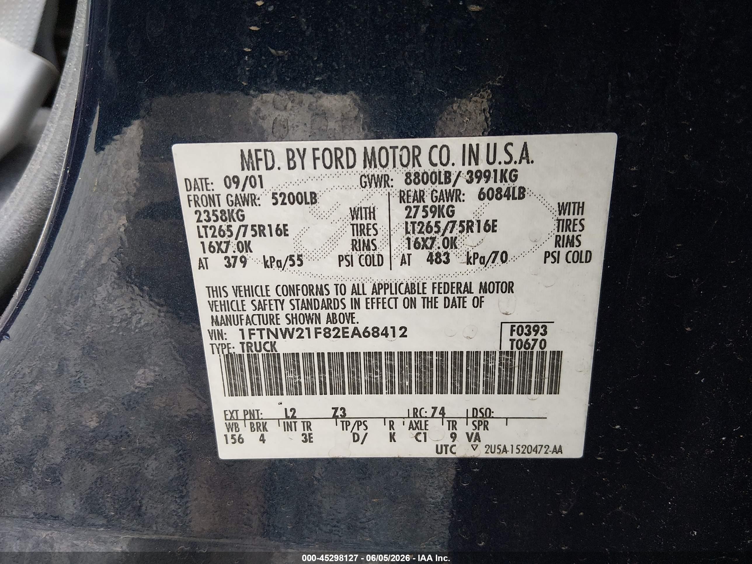 2002 Ford F-250 Lariat/xl/xlt Синий vin: 1FTNW21F82EA68412