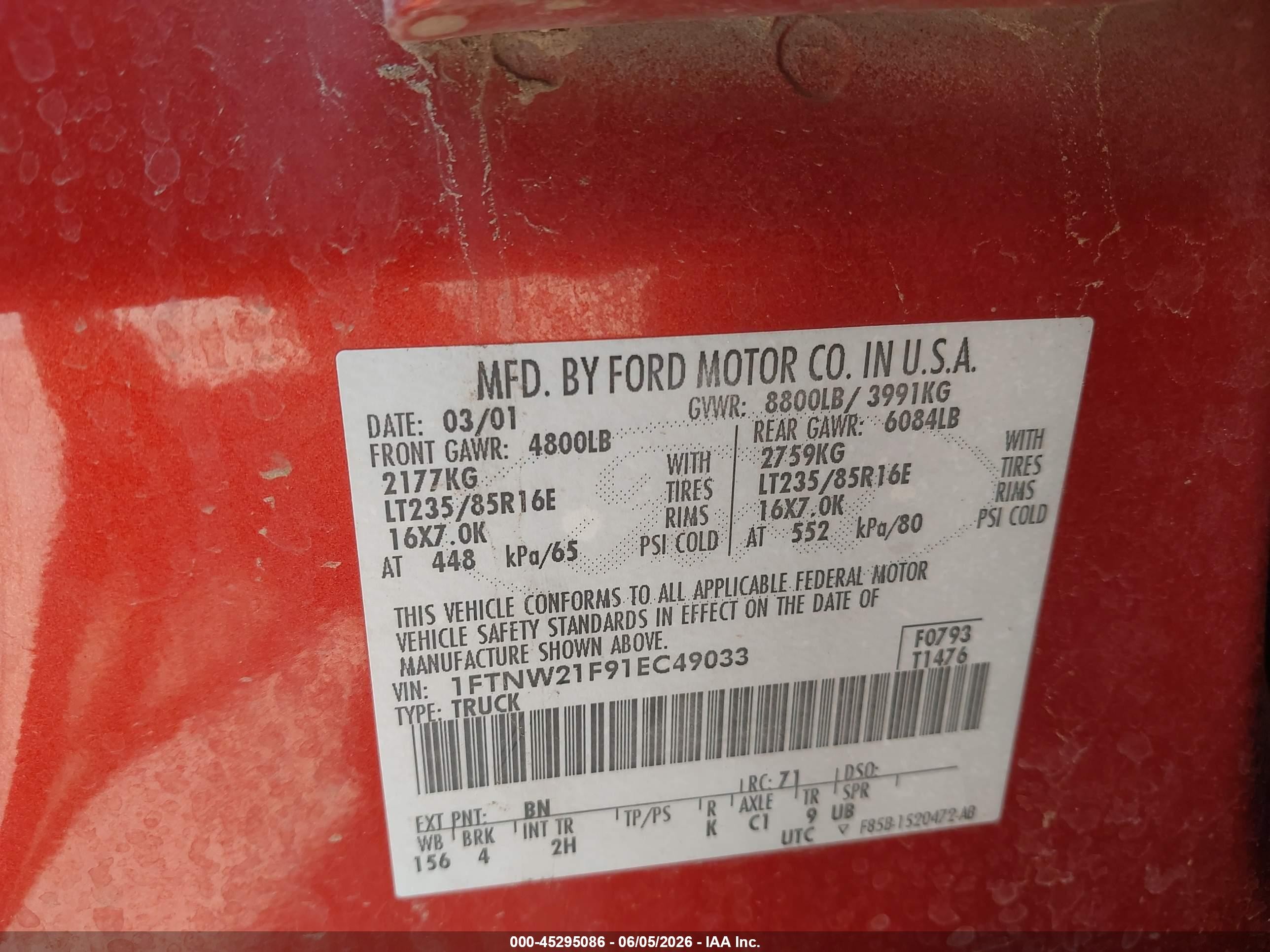 2001 Ford F-250 Lariat/xl/xlt Orange vin: 1FTNW21F91EC49033