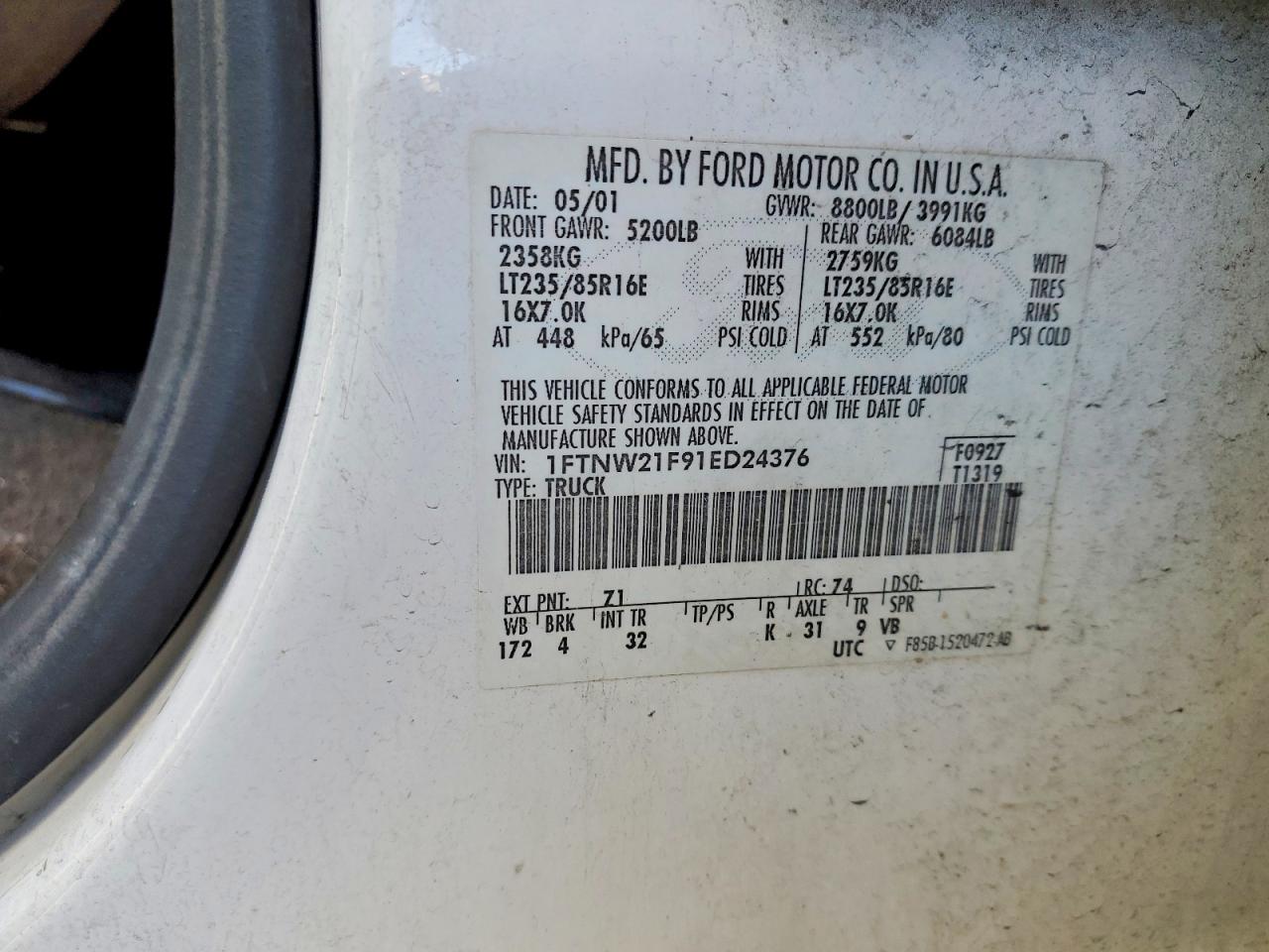 2001 Ford F250 Super Duty Blue vin: 1FTNW21F91ED24376